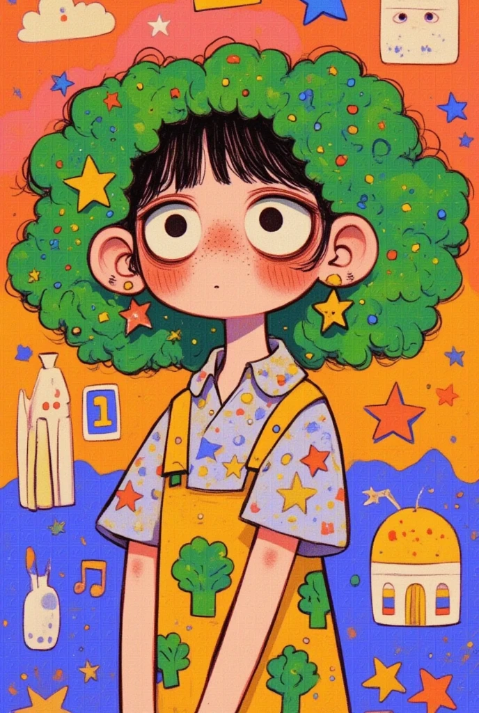   Big Girl with Curly Hair ,Stand in a room , Broccoli Hair   ,     exquisite and detailed digital art   ,  Colorful illustration , Lovely art style, 可爱的数字艺术,   cute illustration  ,  可爱的细节艺术品   , Colorfull illustration,    Art on Artstation   ,    a beautiful art illustration   , Fertility Chart  ,  Cute digital painting , Dream illustration   ,      Hand Drawn Cartoon Art Style, Inspired by Cartoons  