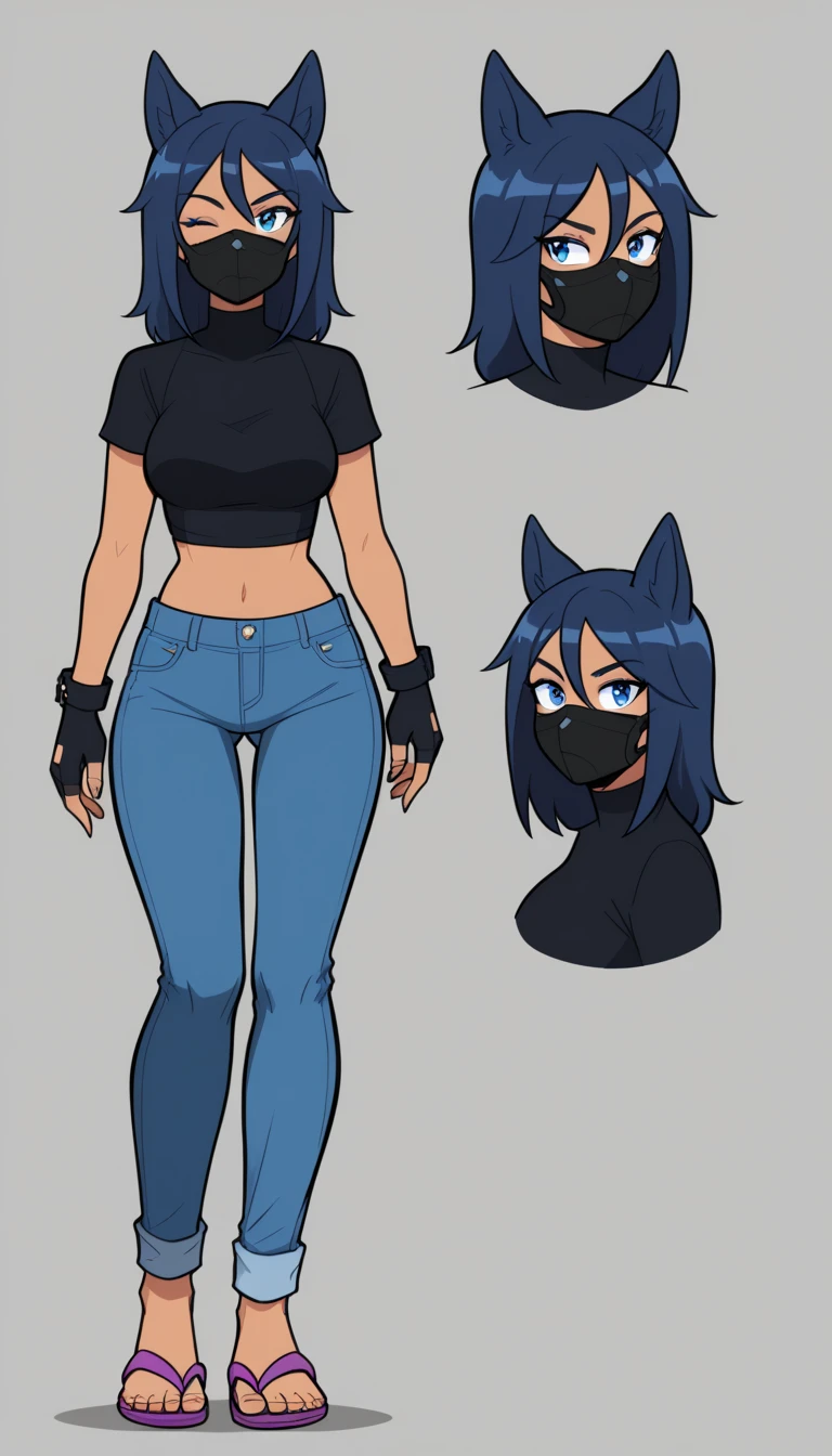 score_9, score_8_up, score_7_up, 1 girl, (full bodies in view), perfect proportions, simple background. standing, ((charactersheet, reference sheet, multiple views)), ((character design sheet, same character, front, side, back)), (leather mask), complete body, Dark Blue hair, wolf ears, crop top, blue jeans, dark blue tail, purple fingerless gloves, purple flipflops, eye lashes, wink, expressions, happy, and annoyed, prngs