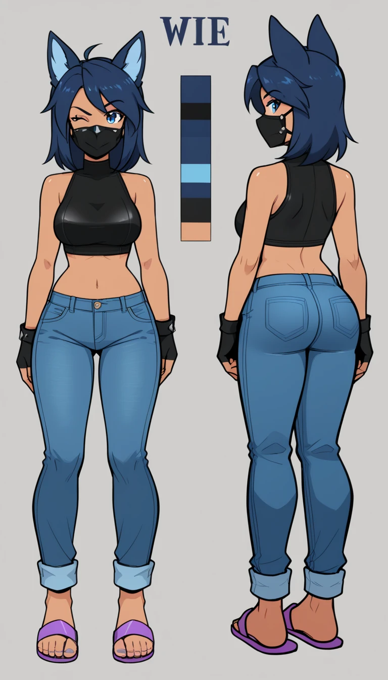 score_9, score_8_up, score_7_up, 1 girl, (full bodies in view), perfect proportions, simple background. standing, ((charactersheet, reference sheet, multiple views)), ((character design sheet, same character, front, side, back)), (leather mask), complete body, Dark Blue hair, wolf ears, crop top, blue jeans, dark blue tail, purple fingerless gloves, purple flipflops, eye lashes, wink, expressions, happy, and annoyed, prngs