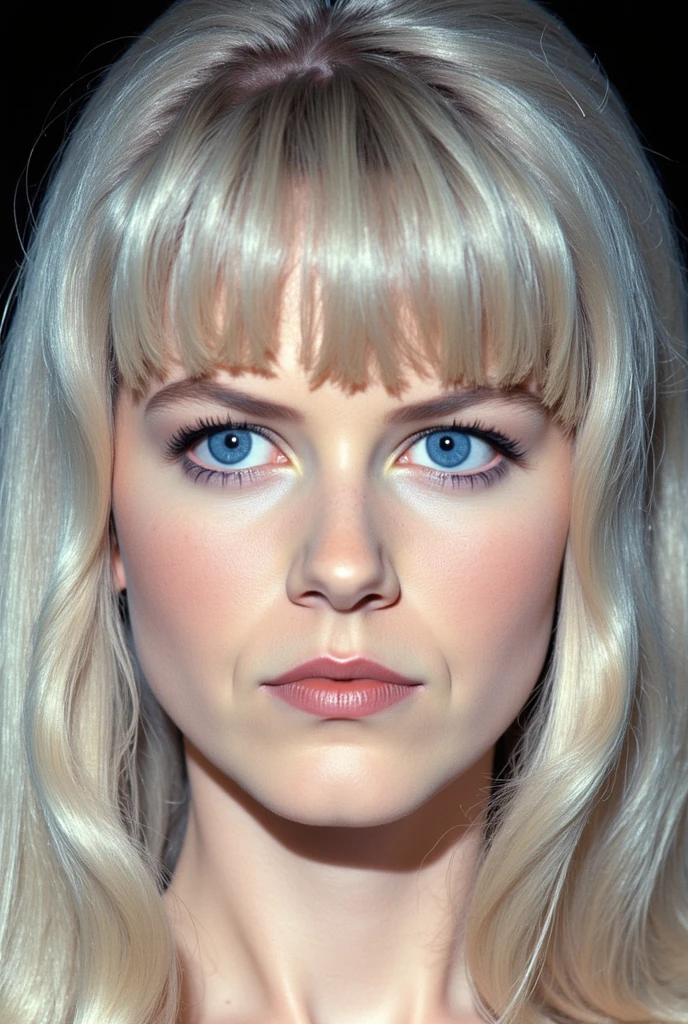 detailed face, detailed body,shiny skin,photorealistic, dutch angle, masterpiece, best quality, amazing quality, very aesthetic, absurdres,  newest, scenery, volumetric lighting,very bulging human eyes,
Slavic appearance,
(Woman,20 age, long lush silvery white hair, straight hair,straight bangs above the eyes, dark blue eyes, light blue shadows under the eyes ( makeup), pale skin, light blue lips lipstick (makeup))