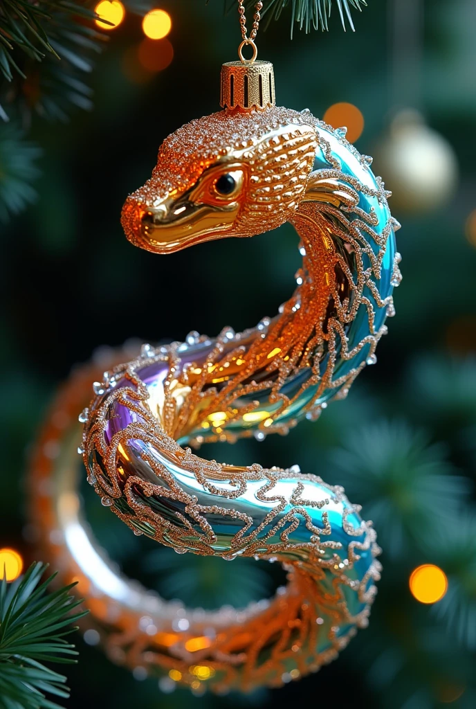  Toy Made of glass in the shape of a snake beautiful color, Christmas tree decoration Beautiful , 8 k,  complex textures ,  better quality ,  masterpiece fails, Wonderful,