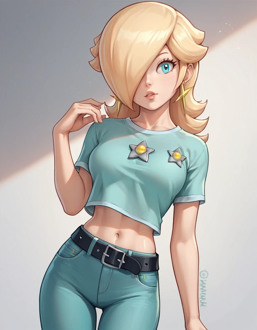 score_9, score_8_up, score_7_up, source_anime, rosalina, blonde hair, blue eyes, hair over one eye, long hair, star earrings, solo, cowboy shot, black t-shirt, taut clothes, tight shirt, lower midriff, navel, jeans, black belt