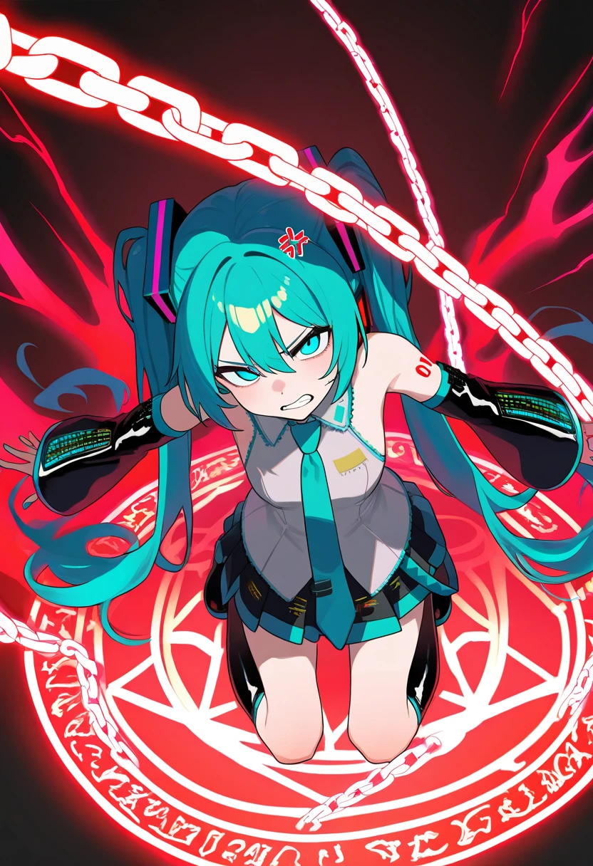 hatsune miku, 1girl, kneeling,kneehighs, looking at viewer, blue eyes,red magic circle, bounded by glowing red metal chain,spread arms,anger vein, clenched teeth, 
masterpiece, best quality, amazing quality, very aesthetic, absurdres,  (scenery, volumetric lighting)