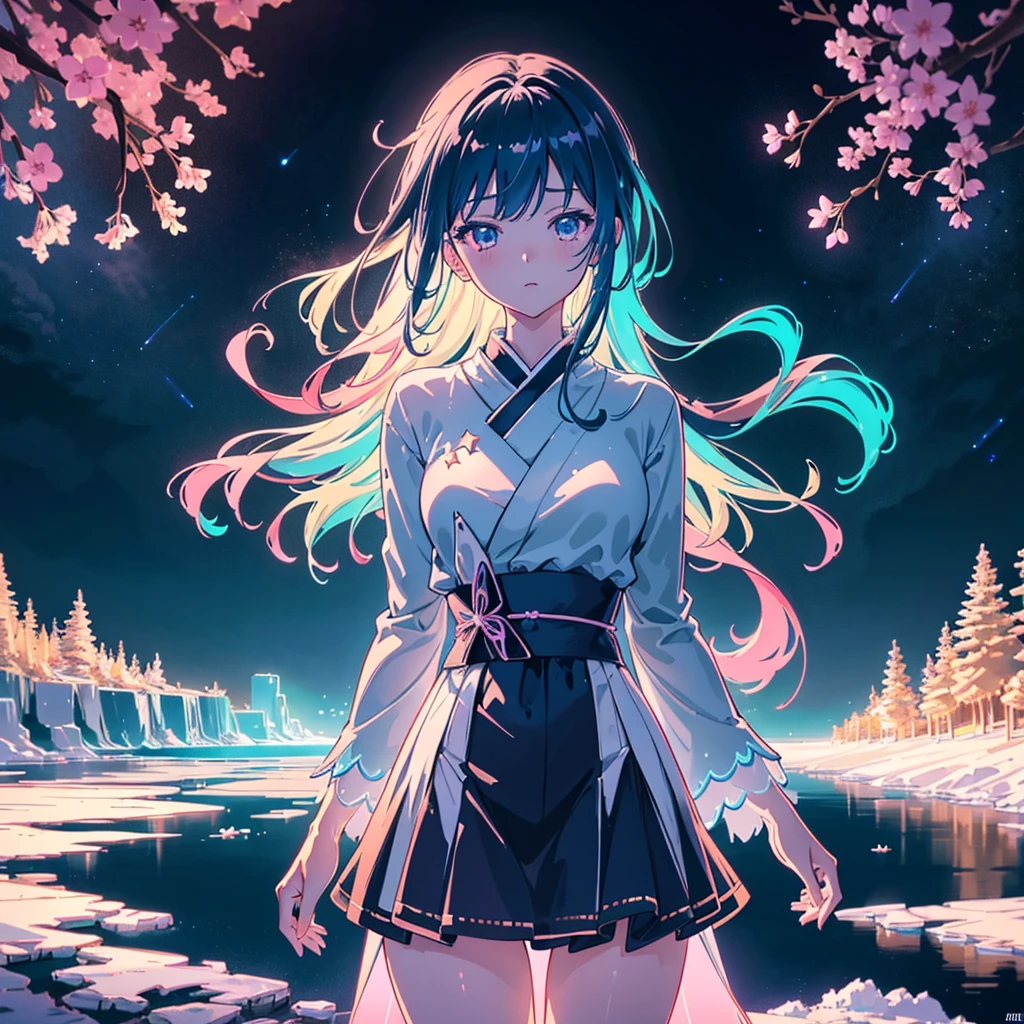 美しいアートワークのIllustration, Dreamy psychedelic anime, colorful! Character Design, Japan anime,The background is a summer blue sky and cityscape. There are trails of light around the girl, which represent the flow of time. The atmosphere evokes warm sunlight and a refreshing breeze. The soft touch and vivid colors are reminiscent of Studio Ghibli. The girl&#39;s expression is a mixture of surprise and joy. Her hair and uniform skirt are fluttering in the wind. The composition has a sense of perspective.、Girl is in focus at center of screen　Handwritten style　Illustration