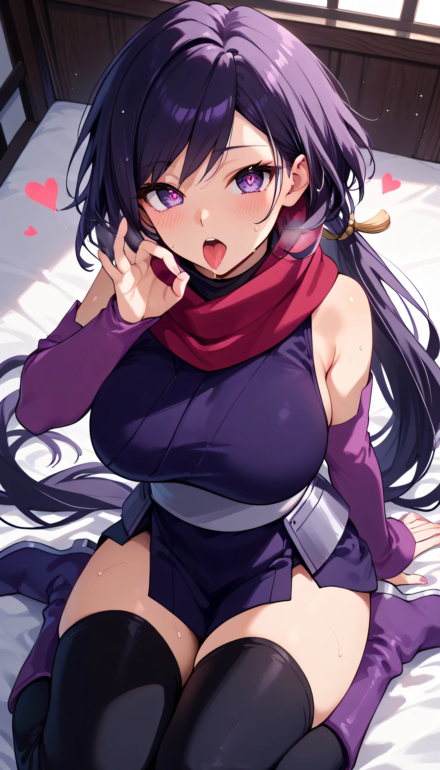  One Girl ，Iris ， Kunoichi，紺色の髪， purple eyes，Ninja costume( red scarf，Deep purple kimono， Sleeveless，Big Breasts，light purple arm covers， black knee-highs，Purple long boots，)， is opening her mouth， sticking out the tongue ，blush， sigh， hollow eyes， heart shaped eyes，sweat， is seducing，seiza， sitting on the bed ，Blowjob pose，masterpiece