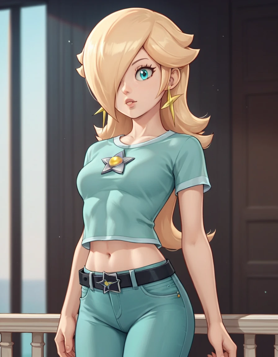 score_9, score_8_up, score_7_up, source_anime, rosalina, blonde hair, blue eyes, hair over one eye, long hair, star earrings, solo, cowboy shot, black t-shirt, taut clothes, tight shirt, lower midriff, navel, jeans, black belt