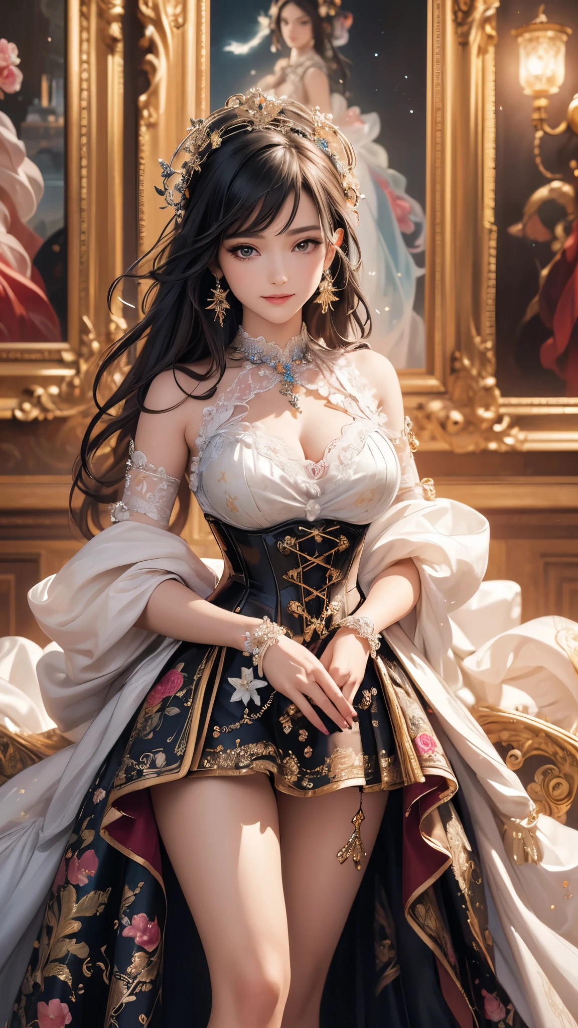 ((Highest quality)),(Ultra-high resolution),(Super detailed),(Detailed Description),((The best CG)),(masterpiece),Highly detailed art,(Art with precise detail:1.5), (Lady:1.5),smile:1.4,(A gorgeous dress with a gorgeous design:1.9),(Off the shoulder:1.3),Evening Gloves:1.5, Stained glass:1.4,Candles:1.4,Sparkling chandeliers, Particles of light pouring down:1.1