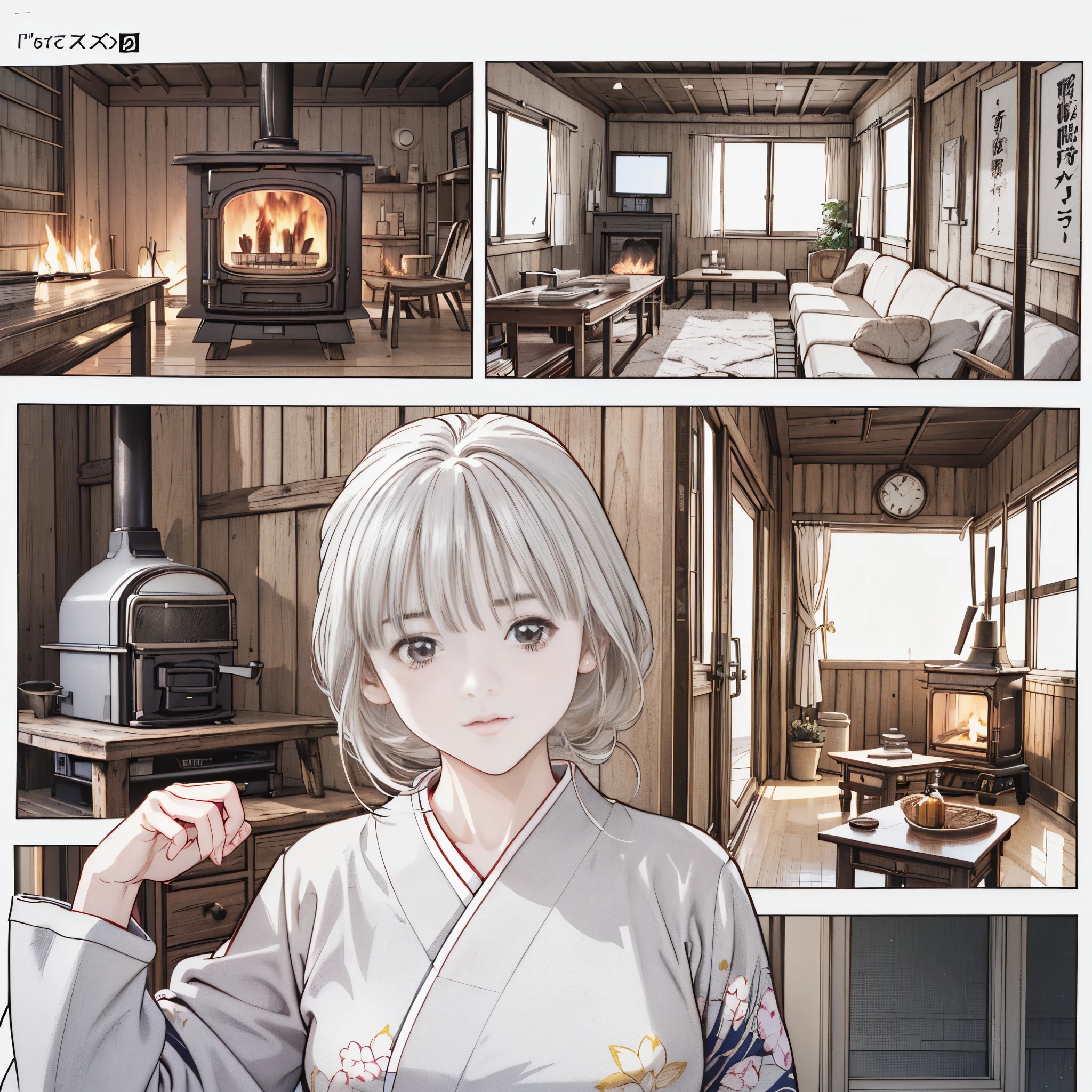 ((8k、 realistic 、 RAW photos 、 top quality : 1.3)、(real skin), beautiful expression、 super high res、soft girl、 (((Schoolストーブ、Wood stove )))、(((hanging scroll)))、(((whole body ))) ,Curvy , beautiful詳細な顔,( One Girl ,長い Silver Hair, ponytail,Glasses ), beautiful、魅力的で非 realistic ,Honey, anime girl , pixib, Fascinating ,, Naughty anime style, Iori, big soft boobs ,Honey, new year、 , Embarrassing 、 ponytail , Silver Hair , kimono ,, Embarrassing 微笑む、background:School、