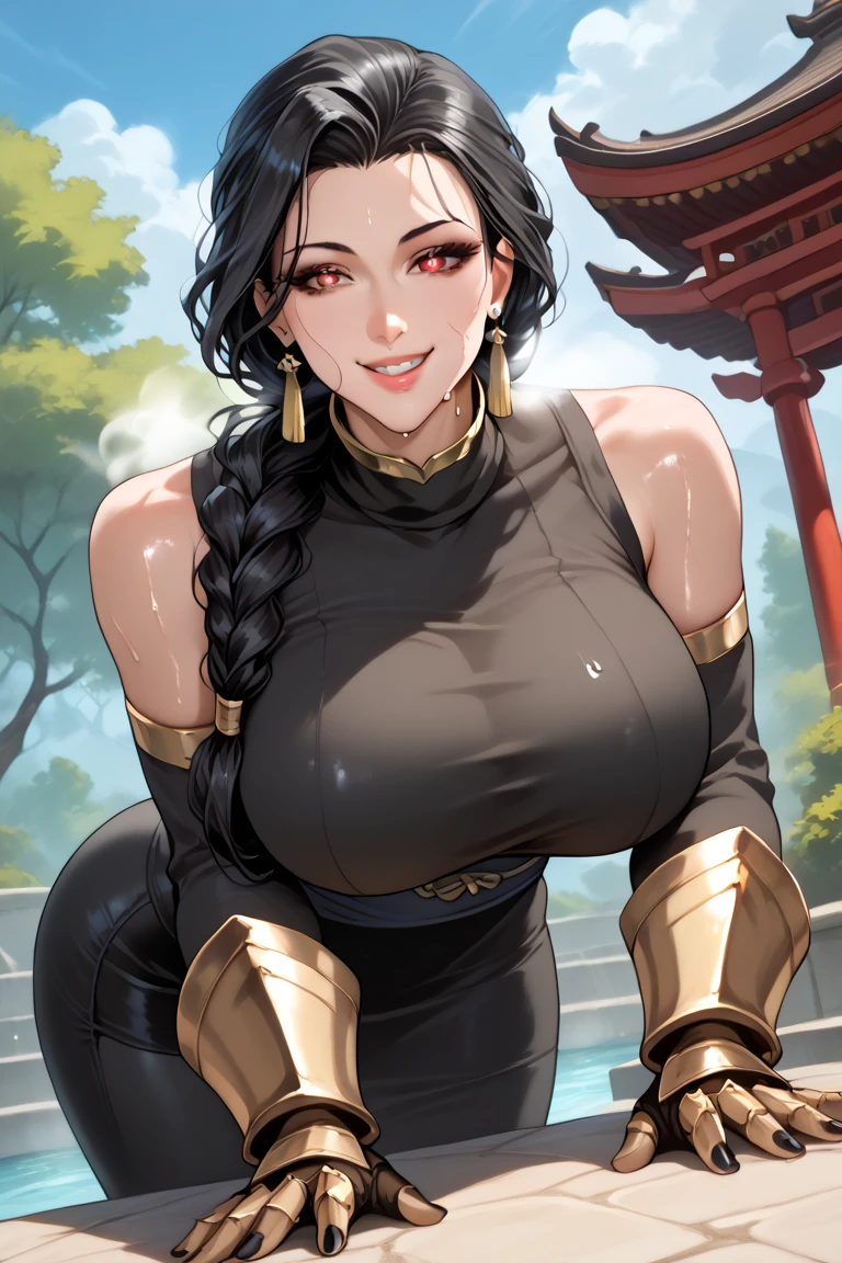 1girl, solo, huge breasts, long hair, black hair, red eyes, bright pupils, earrings, braided ponytail, low ponytail, sidelocks, black nails, gold choker, black kimono, turtleneck, black bodysuit, detached sleeves, bridal gauntlets, grey sash, short skirt, black pantyhose, tree, east asian architecture, outside, looking at viewer, shiny skin, Best quality, High quality, Detailed, High resolution, 8k, Ultra high res, Soft saturation, Professional quality, Perfect contrast, Perfect litthing, Anatomically correct, Gargantuan butt, smile, seductive BREAK Face focus, Looking up, Top-down, Leaning forward,  long hair women, beautiful, steam from breathing, Light smoke, wet, sweat, dogeza