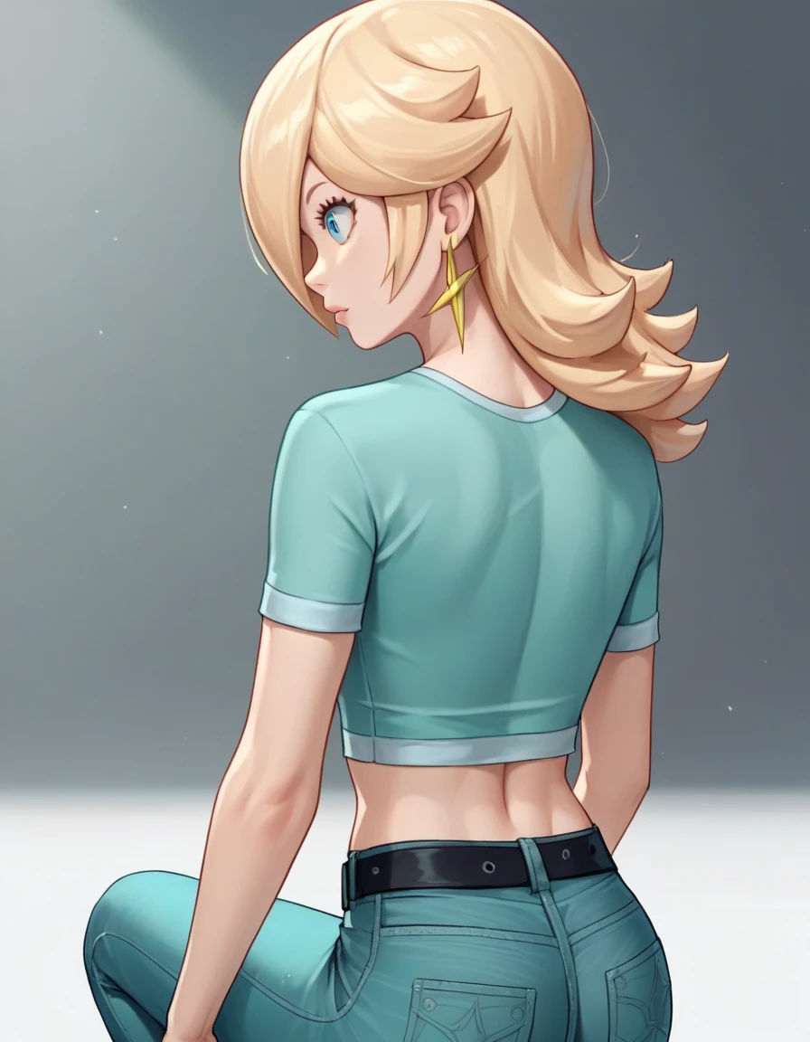 score_9, score_8_up, score_7_up, source_anime, rosalina, blonde hair, blue eyes, hair over one eye, long hair, star earrings, solo, cowboy shot, black t-shirt, taut clothes, tight shirt, lower midriff, navel, jeans, black belt, squat, back view