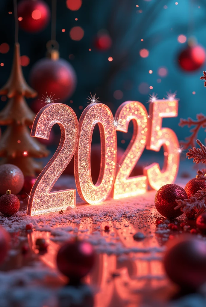 Glass Text  "2025"  in New Year's style with a beautiful Christmas Tree Toy,  intricate details, bright colors,  better quality ,  masterpiece fails,  maximum quality , 8 k, 