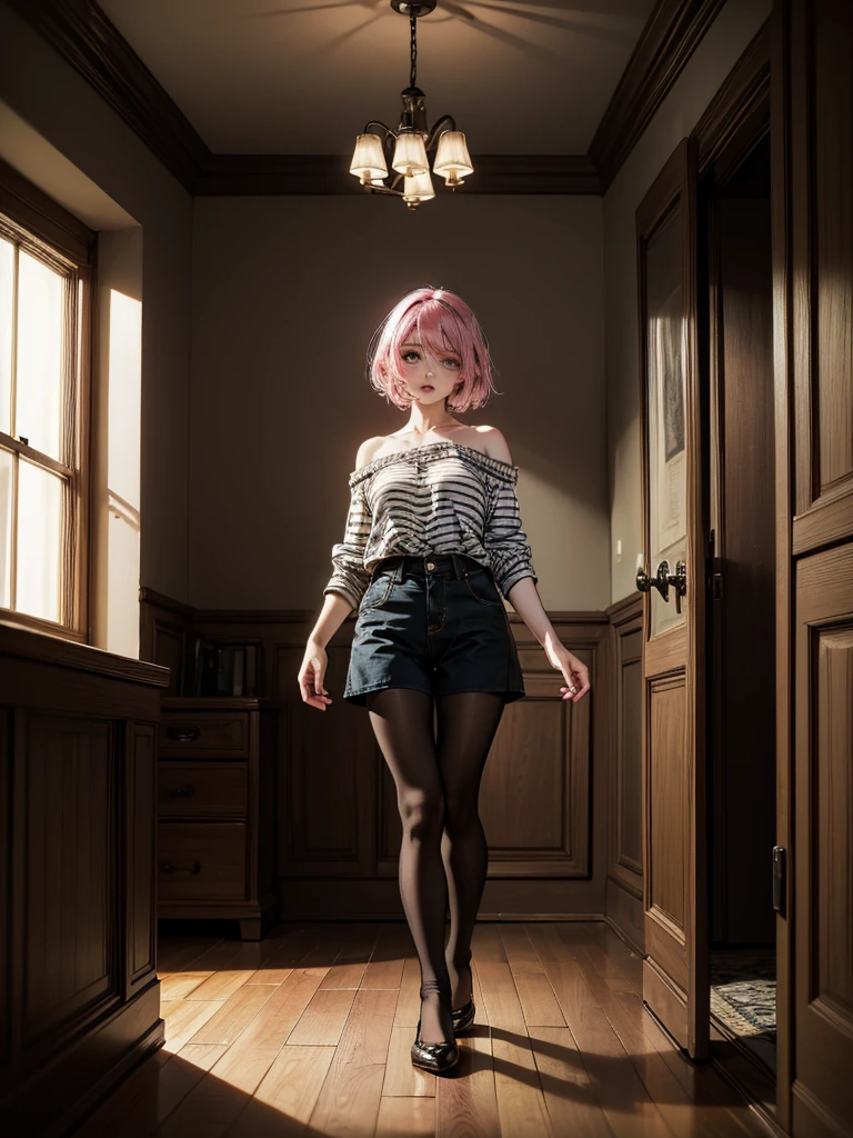 ( masterpiece ,  best quality ), 1 , pink hair, short top, shorts de ganga, Room, striped pantyhose, 