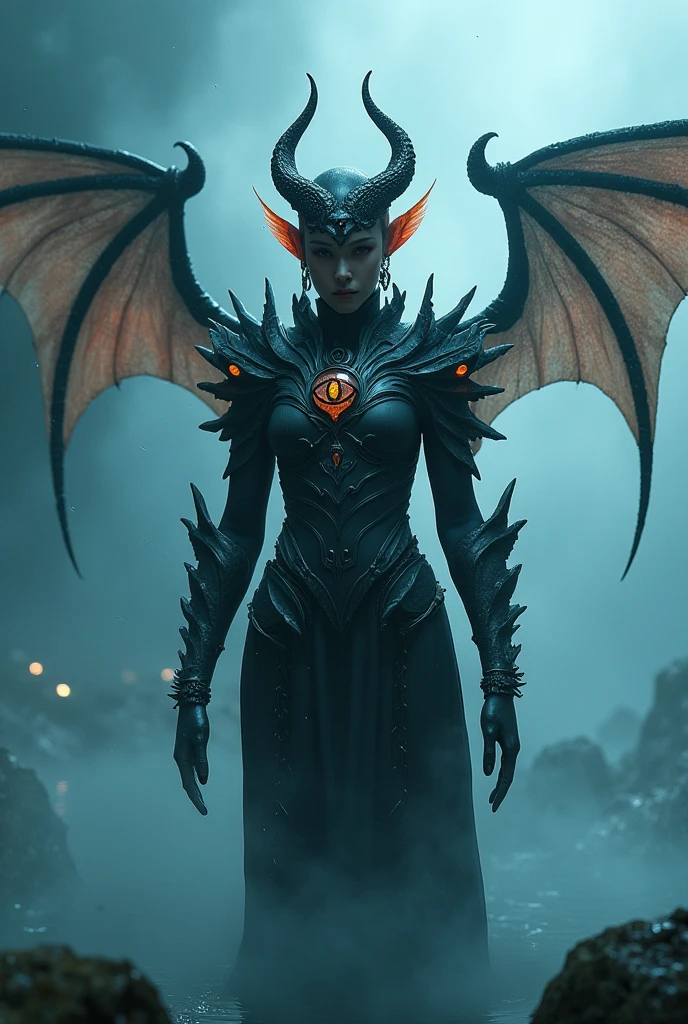   create a highly detailed and atmospheric picture with froghuxho, where the fantasy character stands out from the fog,  ethereal underwater settings  .   characters should have dark  ,   Otherworldly appearance ， intricate  ,  Organic armor and large  ,  bat-like wings， embellished with glowing  , Fire element .   headgear should be carefully crafted  , ， with twisted horns and bioluminescent accents  .   The character's skin should be dark  , ， with a mysterious necklace with an eye shaped pendant  .   The background should be misty and mysterious  , }  subtly reflect in the water to enhance the weird atmosphere  .