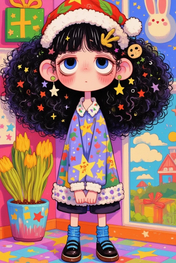  Vector，Big girl with curly hair in a christmas hat,Stand in a room , Big Hair  ,     exquisite and detailed digital art   ,  Colorful illustration , Lovely art style, 可爱的数字艺术,   cute illustration  ,  可爱的细节艺术品   , Colorfull illustration,    Art on Artstation   ,    a beautiful art illustration   , Fertility Chart  ,  Cute digital painting , Dream illustration   ,      Hand Drawn Cartoon Art Style, Inspired by Cartoons  