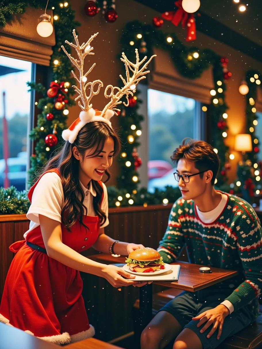 An image that captures the festive spirit of a fast food restaurant adorned with Christmas decorations. The establishment is full of sparkling lights, garlands, and ornaments reflecting the joy of the holiday season. A cheerful waitress, a black woman, is seen interacting with a customer. Donned in a Christmas themed attire, she wears quirky antlers entwined with twinkling lights as she serves a succulent hamburger. Seated in a booth is the customer, a middle-aged, clean-shaven Caucasian man with glasses. Notably, he is not wearing a Christmas hat but shares in the merry environment