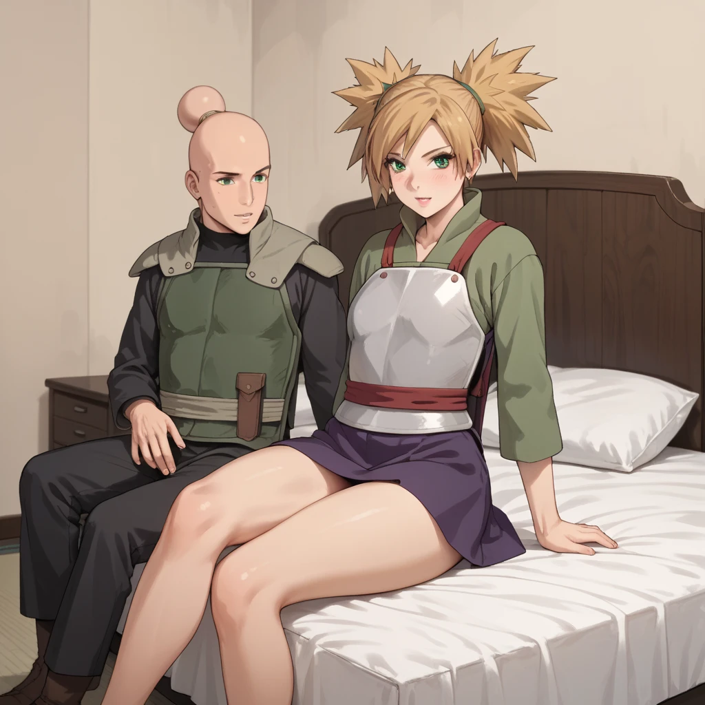 Temari, 1girl, temari, quad tails, blonde hair, green eyes, (white long-sleeved shirt, chest protector, dark purple skirt),  bed, perfect body, perfect Hips, beautiful legs, sexy legs. 1boy, bald_boy, size_difference, bigger male, smaller female, cheating, cuckold, ntr, sitting on person, 