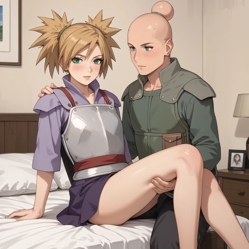 Temari, 1girl, temari, quad tails, blonde hair, green eyes, (white long-sleeved shirt, chest protector, dark purple skirt),  bed, perfect body, perfect Hips, beautiful legs, sexy legs. 1boy, bald_boy, size_difference, bigger male, smaller female, cheating, cuckold, ntr, sitting on person, 