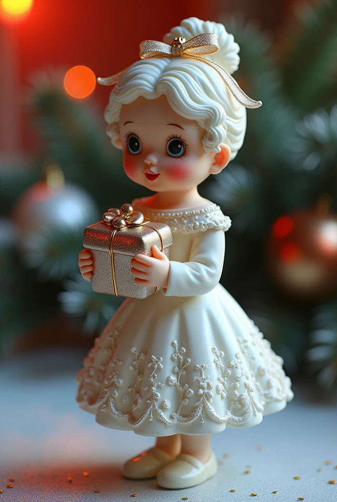 Christmas Glass Toy in the shape of a Girl with a gift, bright colors,  better quality ,  intricate details, 8 k,  masterpiece fails, New Year's style, beautiful, Wonderful,  Master's work ,