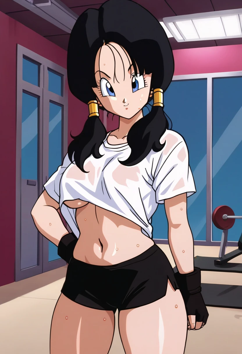 source_anime, score_9, score_8_up, score_7_up, anime screencap,
videldbz, 1girl, solo, long hair, blue eyes, black hair, ponytails, (underboob), (shirt up), thick thighs, white shirt, contryside, fingerless gloves, black shorts, sweat, (gym), underboob