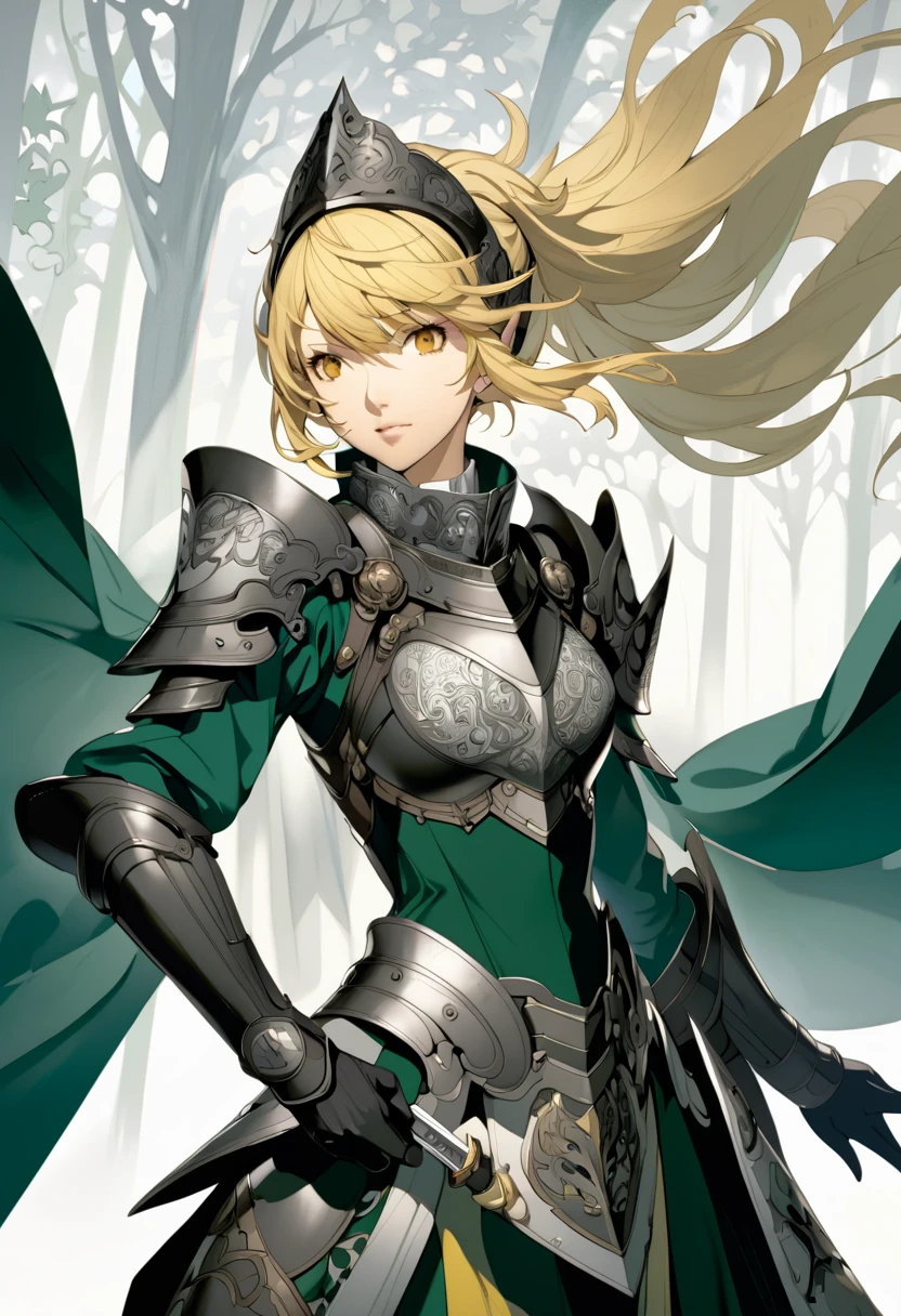 (masterpiece, best quality),Detailed illustration of elf girl, a legendary female knight from 1200s europe, in a highly stylized game character design.elf ear, She stands confidently in an epic pose with a long, flowing twintail hair(blonde) and traditional knight armor, intricately designed with ornate patterns. Her armor combines elements of traditional knight armor with fantasy elements—her chest plate and shoulder guards are embellished with subtle dragon and wave motifs. She wields a long sword with a vibrant, razor-sharp blade, and a bow is strapped to her back, showing her skill in multiple weapons. Her face is fierce yet beautiful, with a focused and determined expression, while her stance exudes strength and elegance. Behind her, a misty forest landscape fades into the background, with branches and leaves subtly falling around her. The color palette is deep and rich, focusing on dark greens, blacks, and silver accents to give her a bold and heroic appearance.(Character design by shigenori Soejima,Characters that appear in the video game "Persona4"),(slash pose),