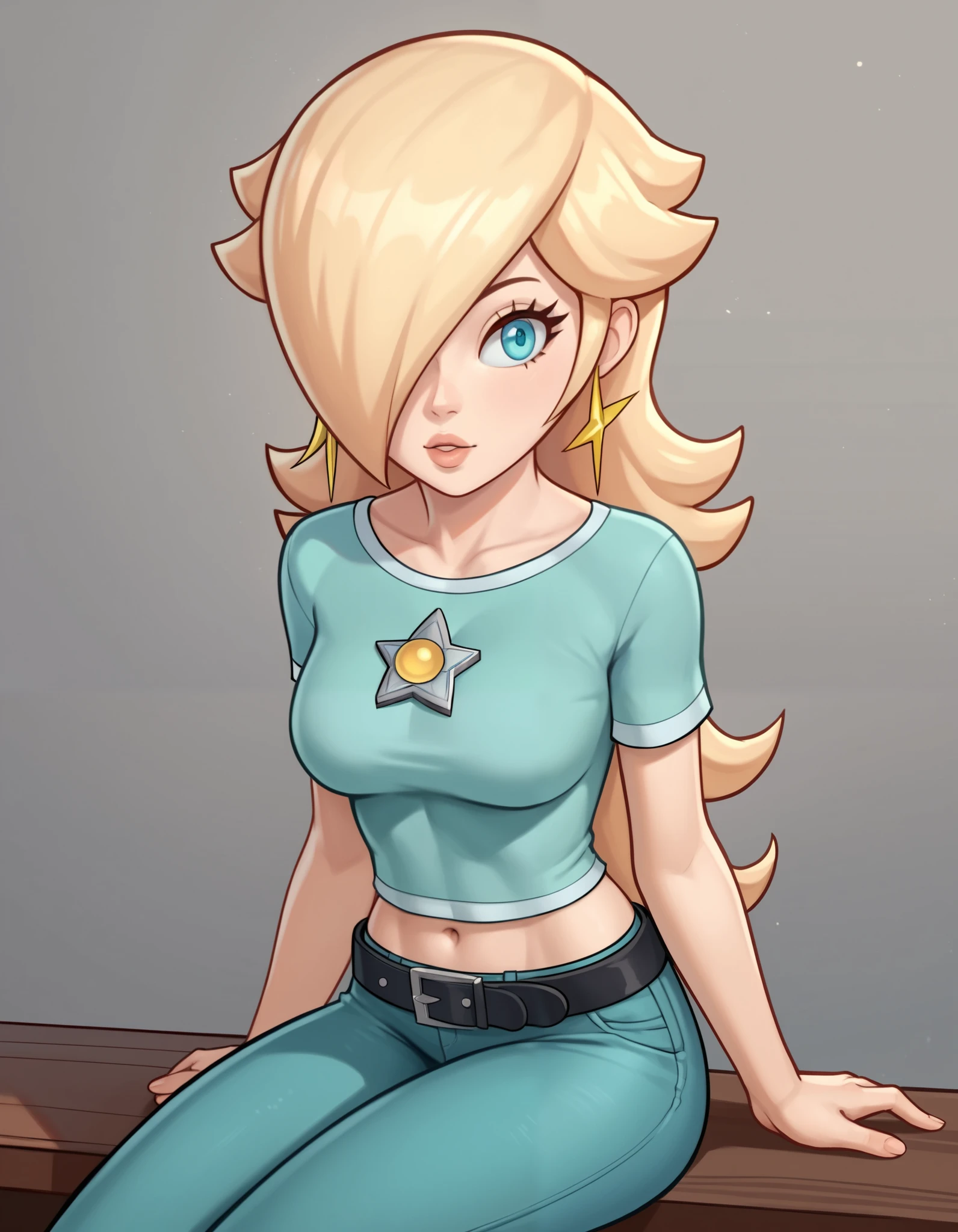 score_9, score_8_up, score_7_up, source_anime, rosalina, blonde hair, blue eyes, hair over one eye, long hair, star earrings, solo, cowboy shot, black t-shirt, taut clothes, tight shirt, midriff, navel, jeans, black belt, sitting, leaning forward, back view