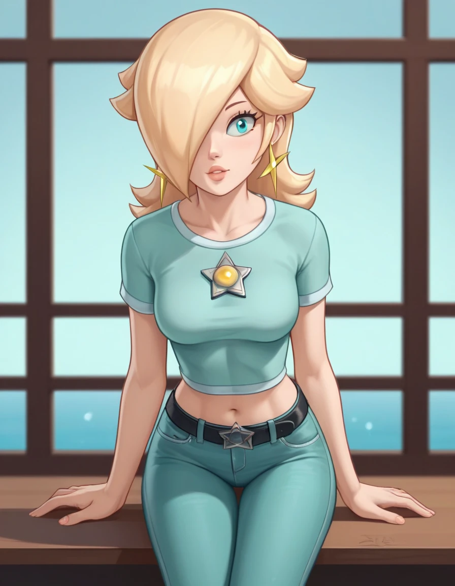 score_9, score_8_up, score_7_up, source_anime, rosalina, blonde hair, blue eyes, hair over one eye, long hair, star earrings, solo, cowboy shot, black t-shirt, taut clothes, tight shirt, midriff, navel, jeans, black belt, sitting, leaning forward, back view