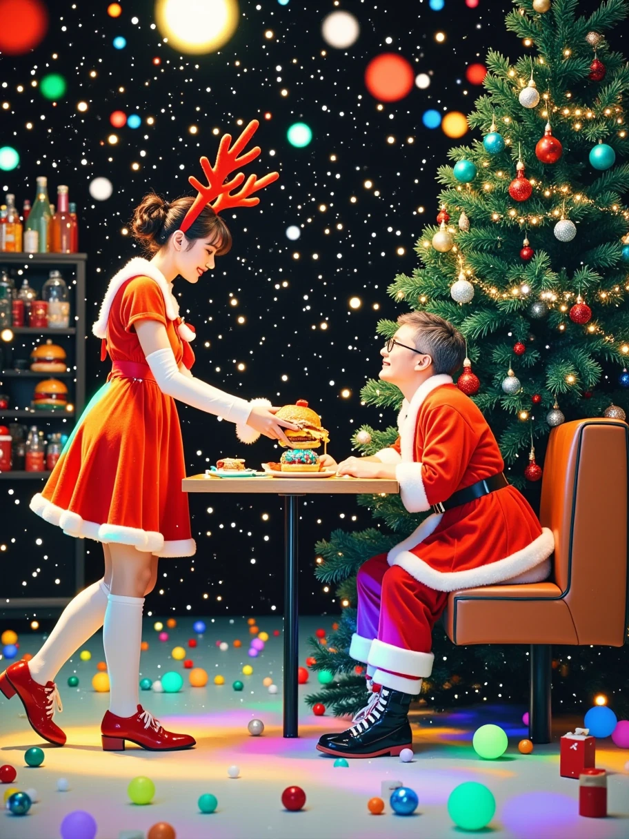 Imagine an abstract, whimsical scene set in a fast food restaurant celebrating the Christmas season. This place is decked out with a myriad of decorations including shiny ornaments, brilliant lights, and a gigantic Christmas tree. An ebullient waitress, who is decked out in reindeer antlers adorned with twinkling lights, is carefully presenting a succulent hamburger to a bespectacled, middle-aged Caucasian man seated in a cozy booth. Interestingly, the man chooses to forgo the tradition of wearing a Christmas hat, adding to the slightly surreal theme. Embellishing our scene, remember to stray away from realism, leaning more towards the fantastical and dreamlike, 1mhsd1