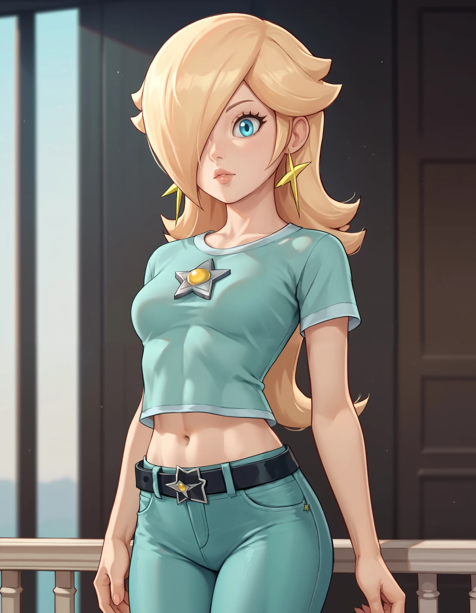 score_9, score_8_up, score_7_up, source_anime, rosalina, blonde hair, blue eyes, hair over one eye, long hair, star earrings, solo, cowboy shot, black t-shirt, taut clothes, tight shirt, lower midriff, navel, jeans, black belt