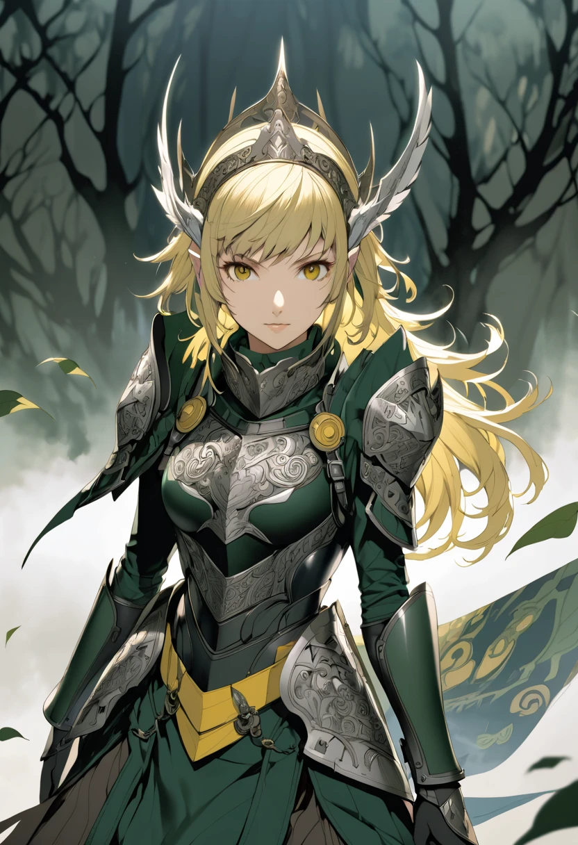 (masterpiece, best quality),Detailed illustration of elf girl, a legendary female knight from 1200s europe, in a highly stylized game character design.elf ear, She stands confidently in an epic pose with a long, flowing middle-short hair(blonde) and traditional knight armor, intricately designed with ornate patterns. Her armor combines elements of traditional knight armor with fantasy elements—her chest plate and shoulder guards are embellished with subtle dragon and wave motifs. She wields a long sword with a vibrant, razor-sharp blade, and a bow is strapped to her back, showing her skill in multiple weapons. Her face is fierce yet beautiful, with a focused and determined expression, while her stance exudes strength and elegance. Behind her, a misty forest landscape fades into the background, with branches and leaves subtly falling around her. The color palette is deep and rich, focusing on dark greens, blacks, and silver accents to give her a bold and heroic appearance.(Character design by shigenori Soejima,Characters that appear in the video game "Persona4"),(slash pose),