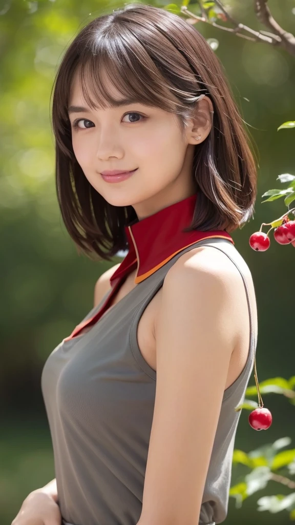 Full body portrait, Her back and hips are visible, 
Person Description: Young woman with a round face, large eyes with double eyelids, and evenly shaped eyebrows.

Expression: Gentle and soft smile, relaxed impression.

Hairstyle: Straight black hair, naturally flowing to the sides.

Clothing: Gray sleeveless top with a mandarin collar, featuring metallic decorations at the upper part. A visible red bra strap on the left shoulder is essential.

Background: Outdoor scene in nature, with blurred greenery and a tree with red berries in the background. The background is softly out of focus, emphasizing the subject.

Lighting: Natural light, soft and evenly distributed, highlighting the skin tone.

Composition: Bust-up shot, the subject is positioned slightly to the left, with a slight turn of the head.

Mood: Warm and natural atmosphere.

