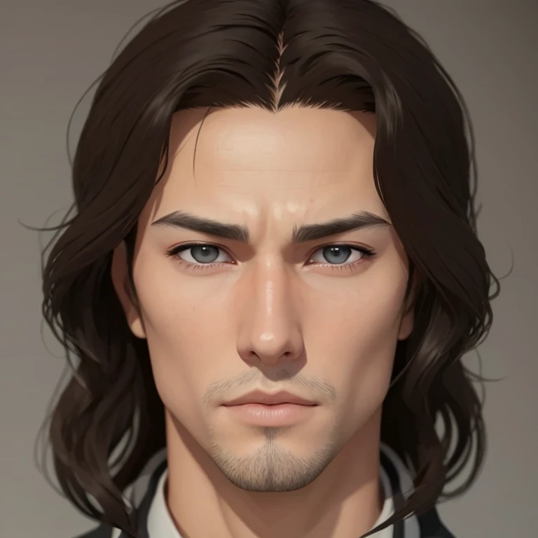    There is a man     (  mature and anorexic  )    26 years old ,     with long hair and ultra realistic white suit          , asistente hiper         realistic         , sujeto hiper         realistic         , Chico anime       realistic         ,         anime style realism         , estilo de arte anime         realistic         , estilo de arte de anime         realistic         , Estilo anime 3D         realistic         ,         portrait de una chico anime,         artwork in the style of Guweiz       ,        Detailed                portrait de una chico anime, increíble         portrait de rostro de anime . model,        of Asian origin   (, high, ) And Spanish  (charming,  beautiful),   I just saw the spectator         ,         portrait(         realistic         :1.4), (:1.0), Gris eyes ,         squinting eyes       (perfecta, Serious) ,      eyes (perfect,Serious),eyelash(perfecta),shirt,  thin eyebrows(perfect),  dyed hair (brown ),    perfect hair with   ,       locks of straight hair        (perfect), ( secretario professional ), hairstyle type     (Hime, loose),  oval and elongated face  ,ELONGATED FACE,    triangular chin    , thin face,     slim build    , (       Detailed       , ultra ,,-       Detailed       , high        Detailed       , ultra         realistic         8K CG,         perfect artwork , lyrical), wooden table , flores, Internal,             expression(carefree, Serious) ,        no earning, film, bokeh, professional, 4k,         Dynamic and very detailed lighting       , fotor         realistic         , 8K, raw, rico,       intricate details    , without mustache