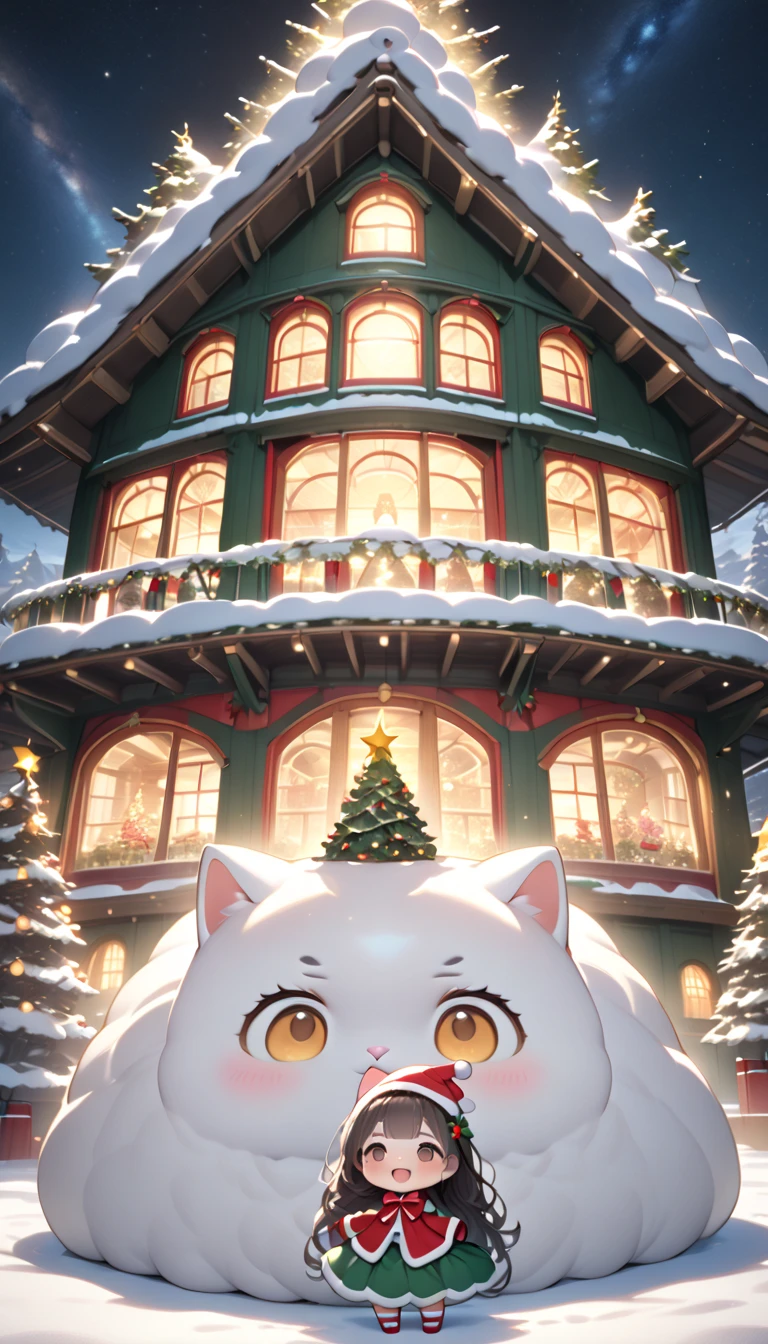 (masterpiece), (ultra-detailed, best quality, clear focus, dramatic scene, cinematic), shadow, (ultra-high resolution, 8k), perfect anatomy, perfect face, (detailed face), (detailed eye), (chibi), cute Japanese chibi girl, famous Japanese chibi idol, very beautiful and cute and cool face, (wearing a cute Christmas tree costume with gorgeous illuminations:1.2), star cap, (large breasts), (She is standing with her cat in front of the gorgeously decorated huge Christmas tree house that looks like a giant fat statue:1.3), at night, snow covered, deep snow, stormy, she is showing smile, dynamic angle, (a very cute giant fat cat is mewing with her), professional lighting, (detailed very cute fluffy cat:1.3), they looks so happy, (gorgeously decorated Christmas tree house with shining Christmas lights:1.3), (spectacular view of snow covered Christmas-tree-house with milky way:1.2)