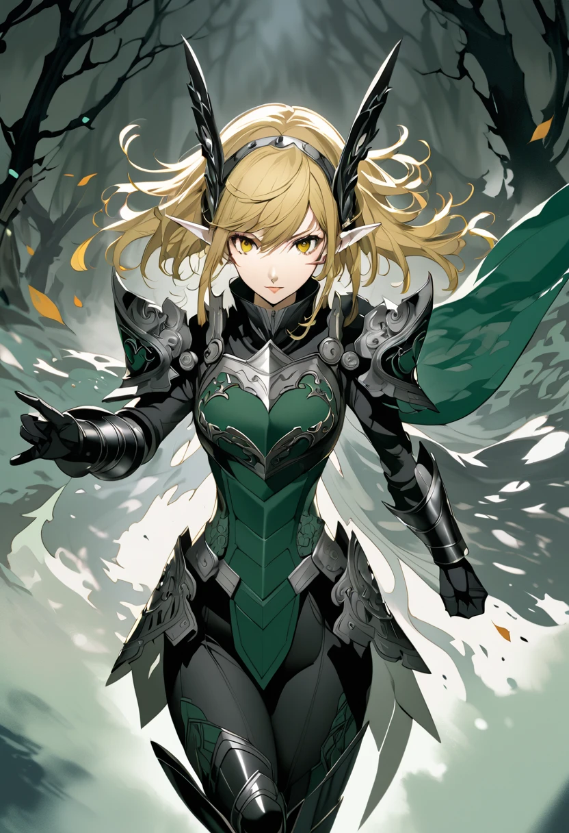 (masterpiece, best quality),Detailed illustration of elf girl, a legendary female knight from 1200s europe, in a highly stylized game character design.elf ear, She stands confidently in an epic pose with a long, flowing middle-short hair(blonde) and traditional knight armor, intricately designed with ornate patterns. Her armor combines elements of traditional knight armor with fantasy elements—her chest plate and shoulder guards are embellished with subtle dragon and wave motifs. She wields a long sword with a vibrant, razor-sharp blade, and a bow is strapped to her back, showing her skill in multiple weapons. Her face is fierce yet beautiful, with a focused and determined expression, while her stance exudes strength and elegance. Behind her, a misty forest landscape fades into the background, with branches and leaves subtly falling around her. The color palette is deep and rich, focusing on dark greens, blacks, and silver accents to give her a bold and heroic appearance.(Character design by shigenori Soejima,Characters that appear in the video game "Persona5"),(slash pose),