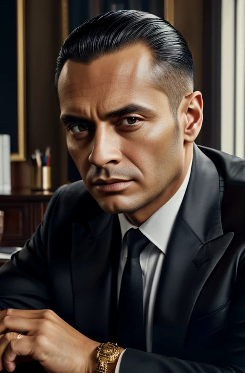 beautiful oil matte portrait painting, mafia boss at his 30s new york office desk, wonderful masterpiece highly detailed, beautiful cinematic light deep focus, elegant, digital painting, smooth, sharp focus, golden ratio, dramatic illumination, ultra realistic, 8k, art by jimmy law,CEO