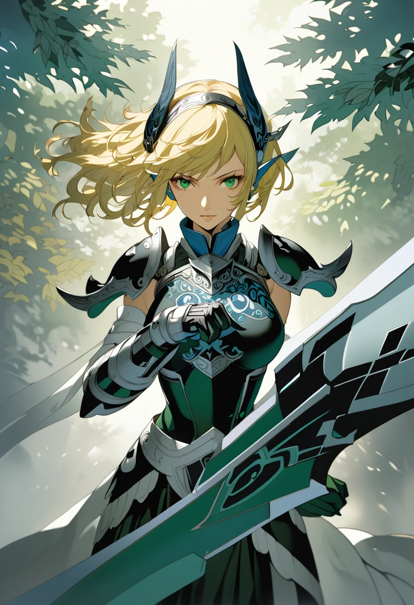 (masterpiece, best quality),Detailed illustration of elf girl, a legendary female knight from 1200s europe, in a highly stylized game character design.elf ear, She stands confidently in an epic pose with a long, flowing middle-short hair(blonde) and traditional knight armor, intricately designed with ornate patterns. Her armor combines elements of traditional knight armor with fantasy elements—her chest plate and shoulder guards are embellished with subtle dragon and wave motifs. She wields a long sword with a vibrant, razor-sharp blade, and a bow is strapped to her back, showing her skill in multiple weapons. Her face is fierce yet beautiful, with a focused and determined expression, while her stance exudes strength and elegance. Behind her, a misty forest landscape fades into the background, with branches and leaves subtly falling around her. The color palette is deep and rich, focusing on dark greens, blacks, and silver accents to give her a bold and heroic appearance.(Character design by shigenori Soejima,Characters that appear in the video game "Persona3"),(slash pose),