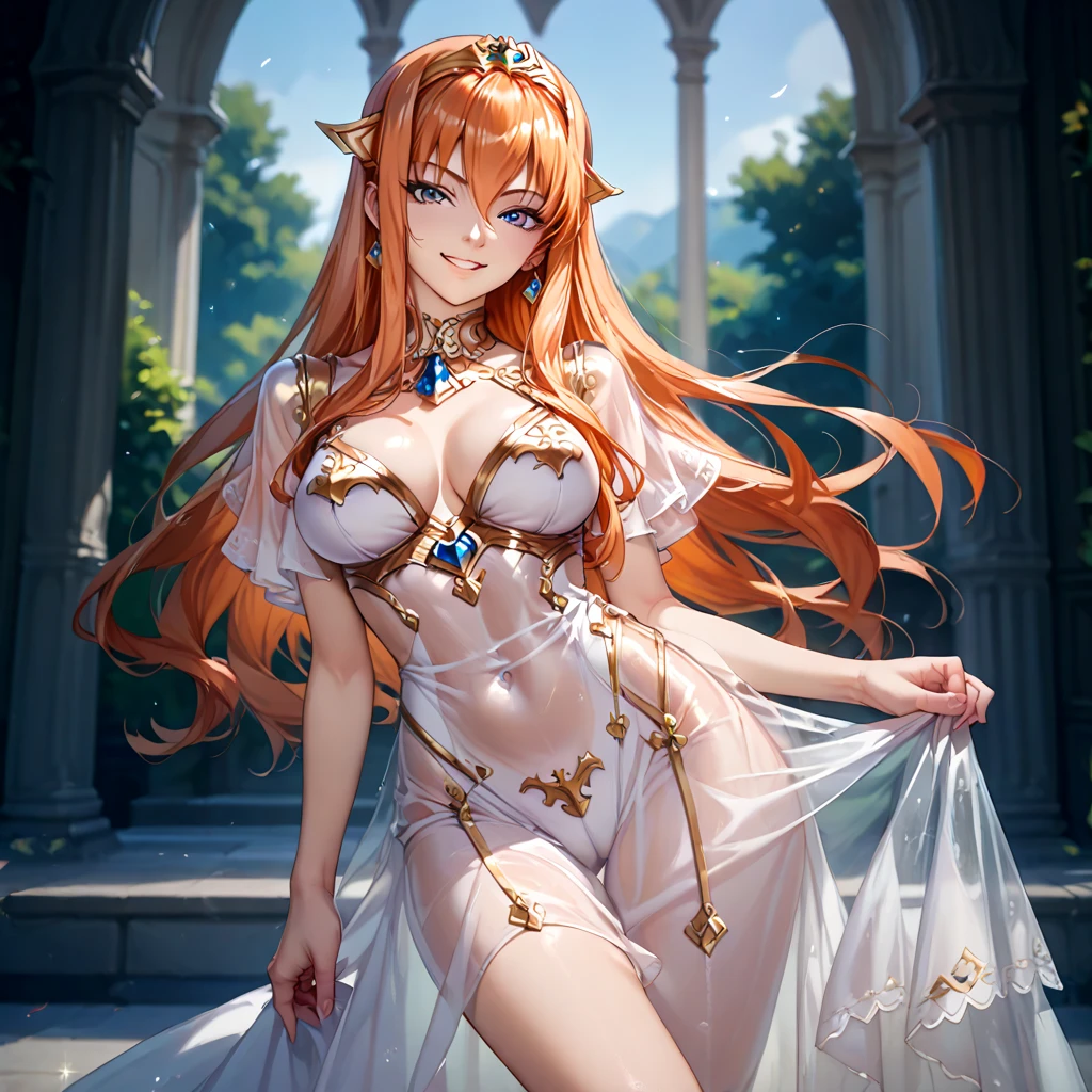 (( top quality )), ((masterpiece)), ( Details), （ perfect face）、Orange-haired Maya Cordelia is wearing a sexy see-through dress and smiling in a pose showing off her charming body