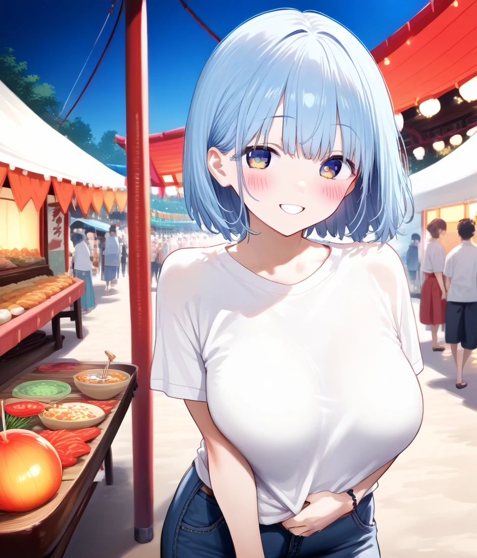 score_9_up score_8_up score_7_up, source_anime,perfect face, high detailed eyes, ultra detailed, textured skin, 1Japanese girl with medium length Pale blue hair,blush,large breasts,white T-shirts, Toothy smile,mat5ur1festival,festival, crowd