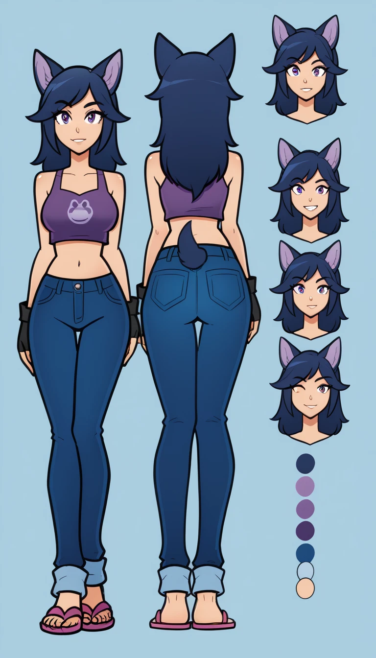 score_9, score_8_up, score_7_up, 1 girl, (full bodies in view), perfect proportions, simple background. standing, ((charactersheet, reference sheet, multiple views)), ((character design sheet, same character, front, side, back)), complete body, Dark Blue hair, wolf ears, crop top, blue jeans, dark blue tail, purple fingerless gloves, purple flipflops, eye lashes, wink, expressions, happy, and annoyed, prngs