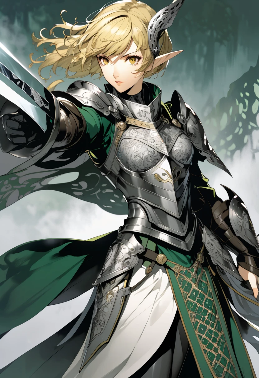 (masterpiece, best quality),Detailed illustration of elf girl, a legendary female knight from 1200s europe, in a highly stylized game character design.elf ear, She stands confidently in an epic pose with a long, flowing middle-short hair(blonde) and traditional knight armor, intricately designed with ornate patterns. Her armor combines elements of traditional knight armor with fantasy elements—her chest plate and shoulder guards are embellished with subtle dragon and wave motifs. She wields a long sword with a vibrant, razor-sharp blade, and a bow is strapped to her back, showing her skill in multiple weapons. Her face is fierce yet beautiful, with a focused and determined expression, while her stance exudes strength and elegance. Behind her, a misty forest landscape fades into the background, with branches and leaves subtly falling around her. The color palette is deep and rich, focusing on dark greens, blacks, and silver accents to give her a bold and heroic appearance.(Character design by shigenori Soejima,Characters that appear in the video game "Persona5"),(pose),