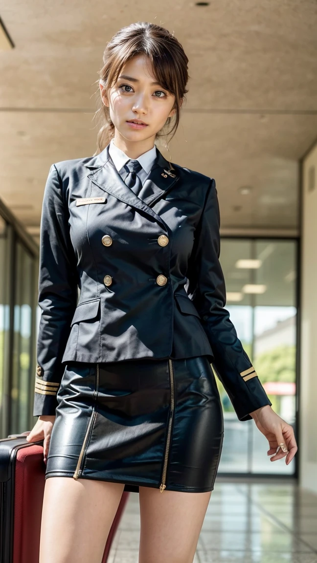 A beautiful, 24-year-old Japanese woman with perfect anatomy, healthy thighs, beautiful legs, beautiful skin, random hair color and style, large breasts, (wearing a flight attendant uniform with a mini-skirt:1.3), (she is standing:1.2), full body shot, pumps, carrying a suitcase, at the airport, (best quality,4k,8k,highres,masterpiece:1.3),(extremely detailed:1.2),realistic,photorealistic,photo-realistic:1.37,professional,vivid colors, studio lighting, Yuko Oshima