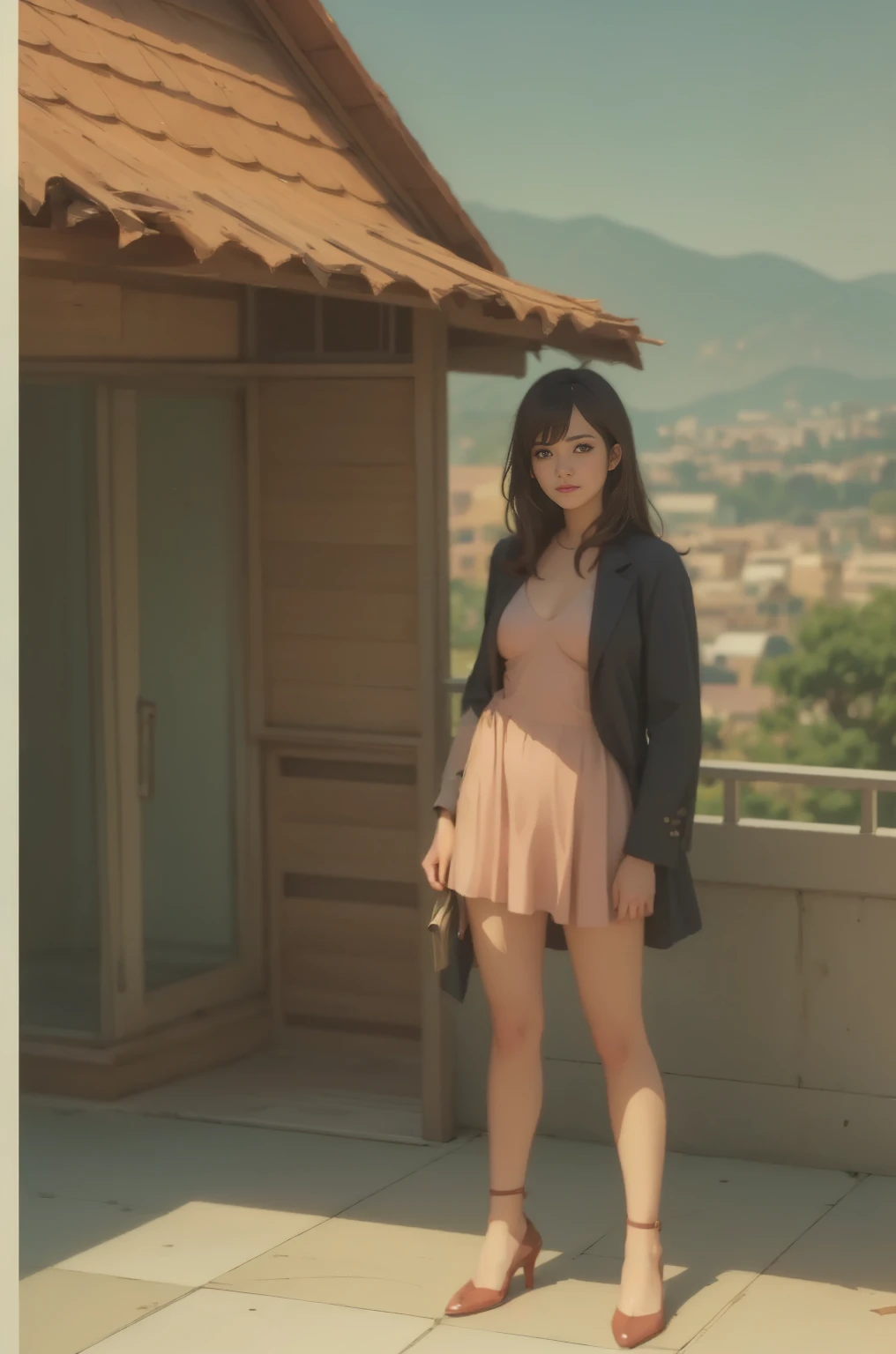 a girl standing on a balcony with a cup of coffee, smile, cgsociety 9, chillhop, alena aenami and artgerm, makoto shinkai and artgerm, lofi girl aesthetic, anime scenery, makoto shinkai and (cain kuga), lofi aesthetic, anime landscape, anime nature, roof background, Jennifer Lawrence