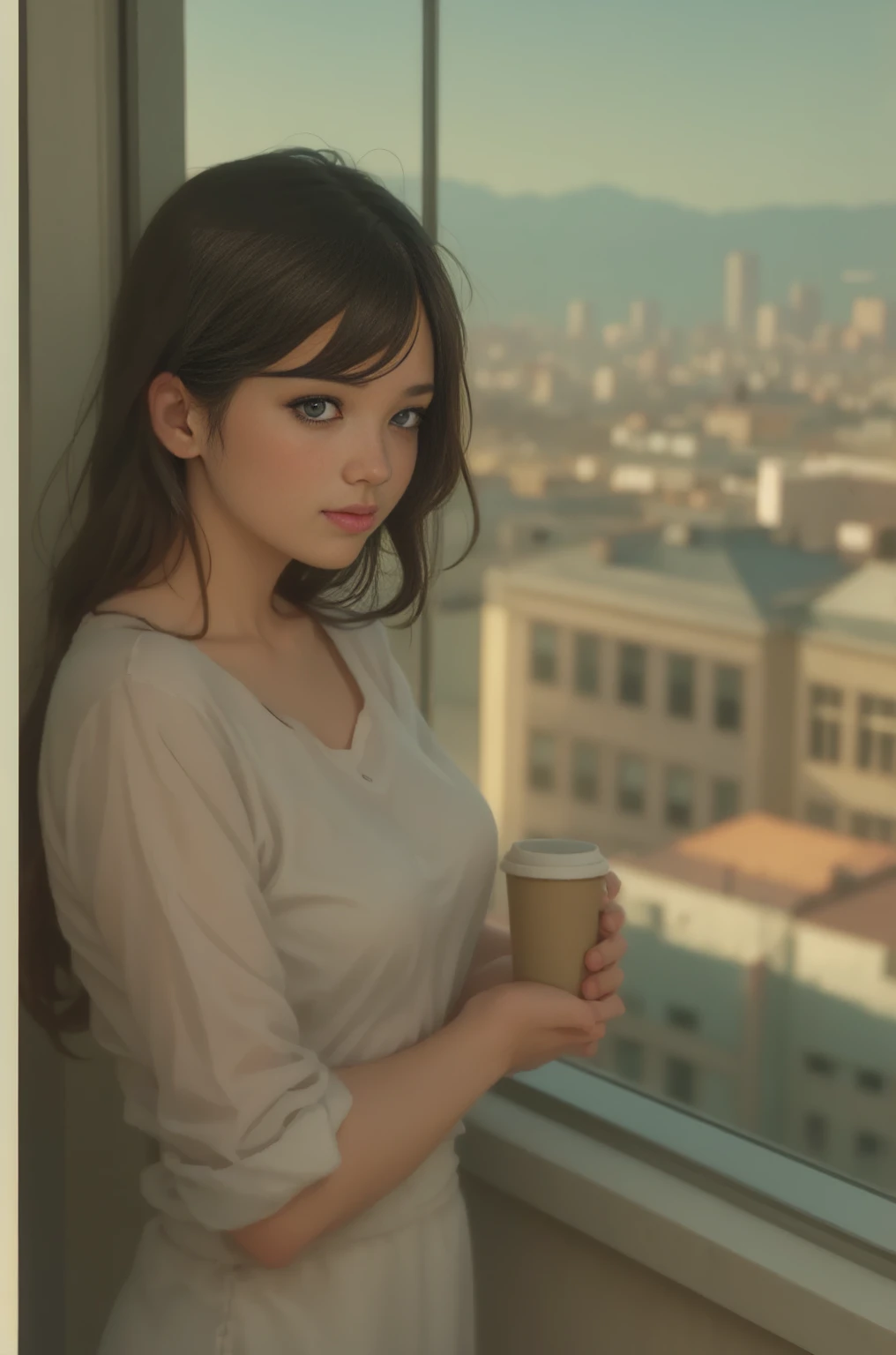 a girl standing on a balcony with a cup of coffee, smile, cgsociety 9, chillhop, alena aenami and artgerm, makoto shinkai and artgerm, lofi girl aesthetic, anime scenery, makoto shinkai and (cain kuga), lofi aesthetic, anime landscape, anime nature, roof background, Jennifer Lawrence