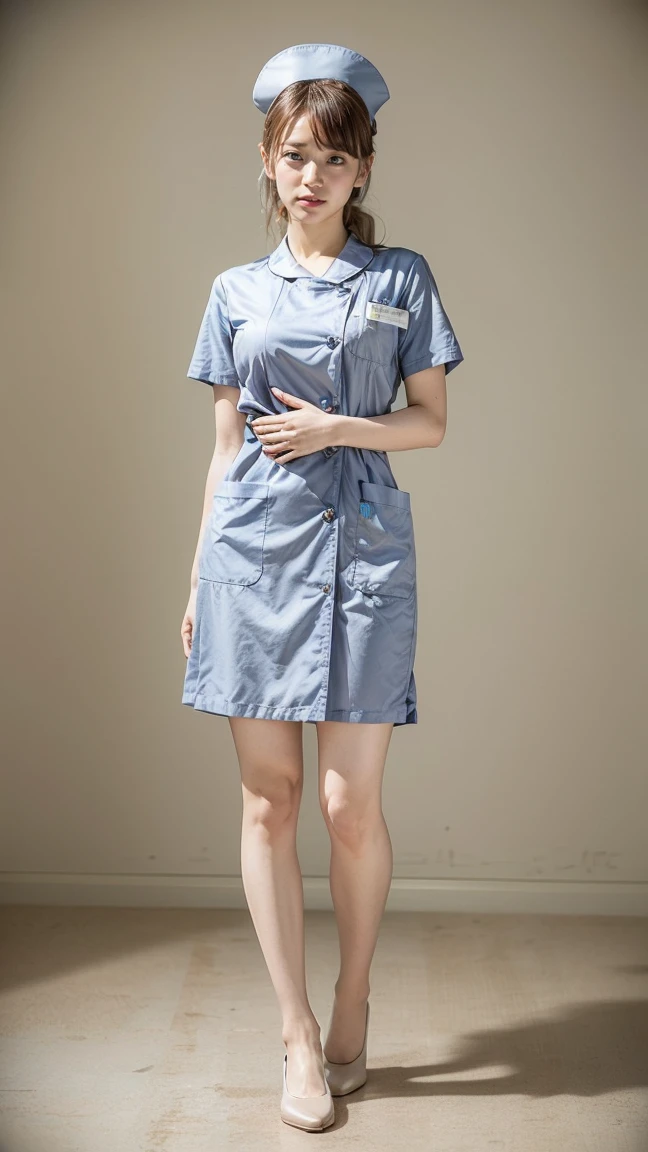 a beautiful young 24-year-old Japanese woman, beautiful, detailed anatomy, beautiful skin, random hair color and hairstyle, big breasts, nurse hat, (nurse uniform:1.3), nurse cap, (she is standing:1.2), full body shot, high heels, hospital, (best quality,8k, masterpiece:1.3), (extremely detailed:1.2), Yuko Oshima