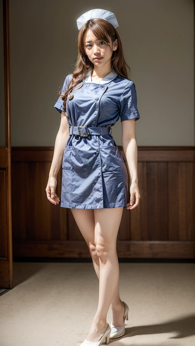 a beautiful young 24-year-old Japanese woman, beautiful, detailed anatomy, beautiful skin, random hair color and hairstyle, big breasts, nurse hat, (nurse uniform:1.3), nurse cap, (she is standing:1.2), full body shot, high heels, hospital, (best quality,8k, masterpiece:1.3), (extremely detailed:1.2), Yuko Oshima