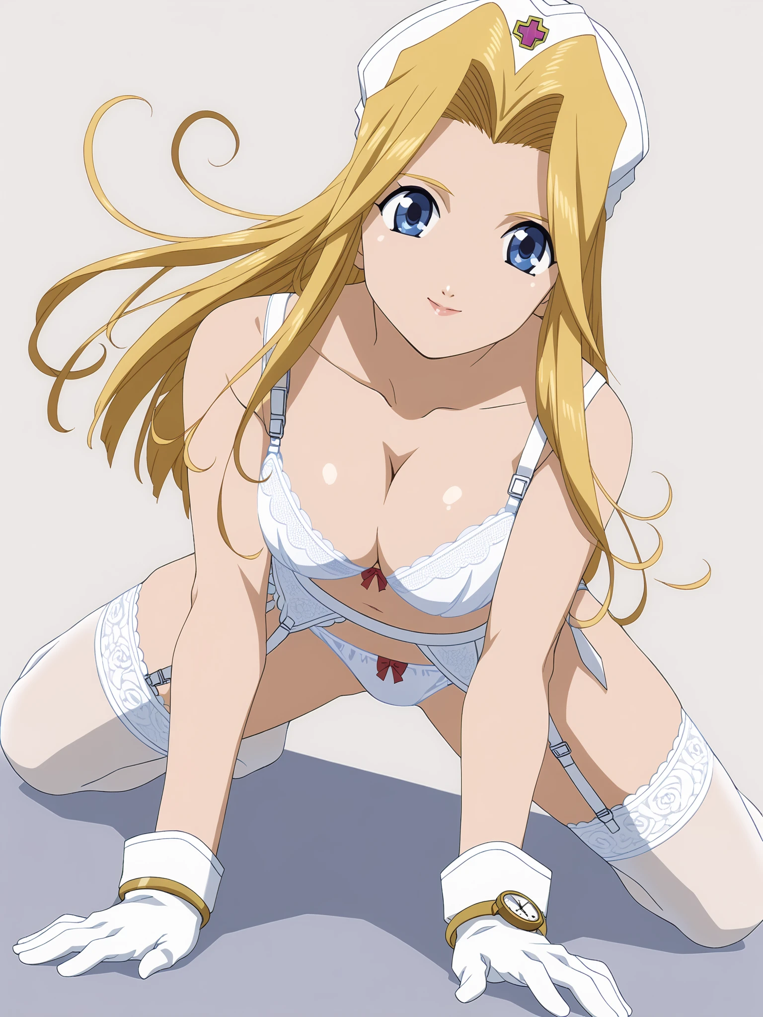 score_9, score_8_ up, score_7_ up,  source_anime, official art style, (((simple line and color))), (((flat color, Vector))),
((( from the front))), (((whole body,  Big Breasts , throw, portrait))),
((( lean forward,  cleavage,  accentuates breasts , Push up your chest,  No Emotion))), 
((( I don't watch viewers))),
Mint base , Blonde,  long hair,  blue eyes,  white gloves,  yellow rimmed white hat, (((((豪華な刺繍のwhite bra, white panties, white garter belt, white garter hose))))), zPDXL, zPDXL