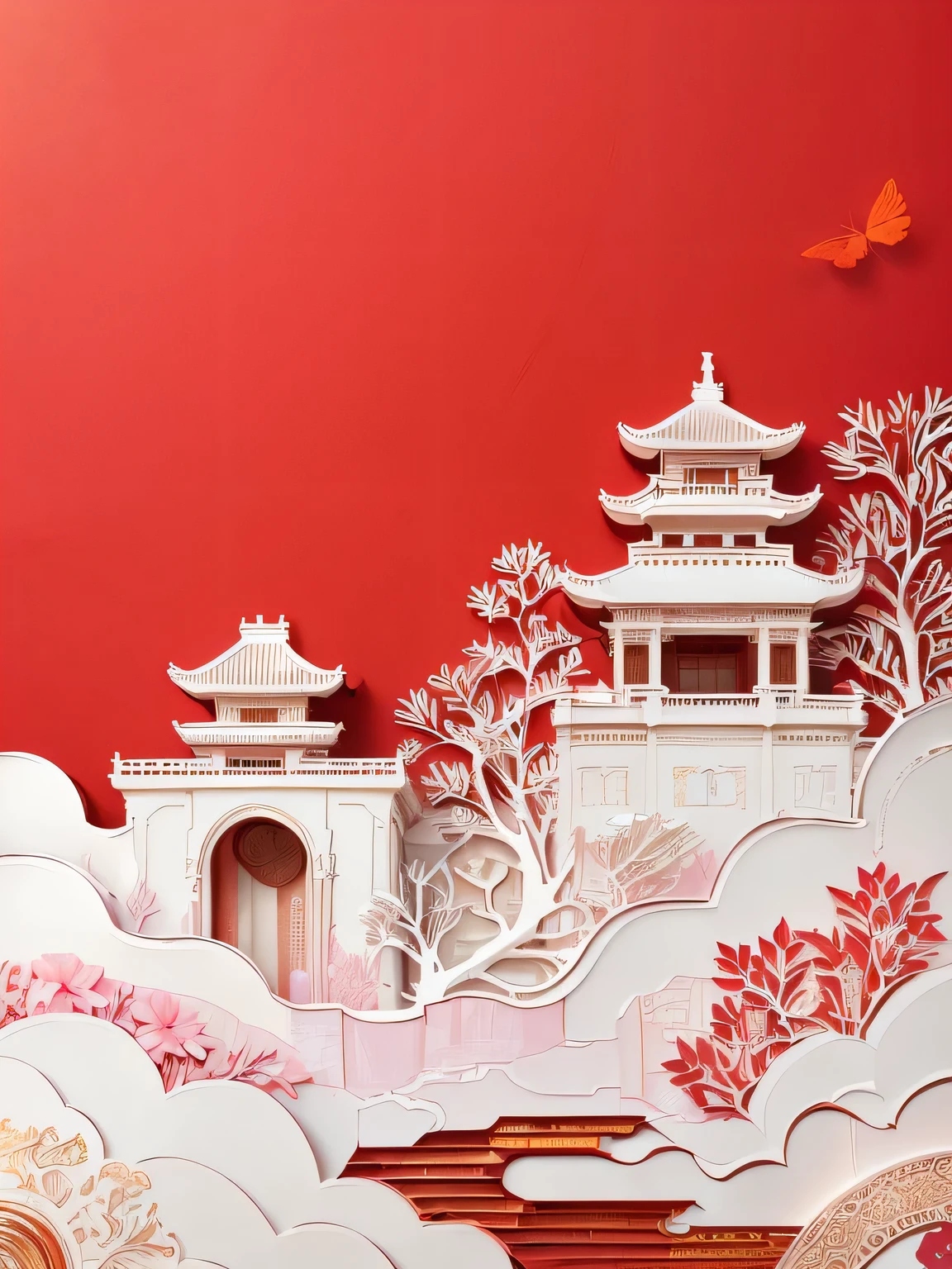 Decoupage works，
Imagination ，Luxury， exquisite， hollow
Design ，Light and Shadow，3d，solid color
background ， high detail ， high quality ，Horizontal composition ，Remove text，Layering，Space in front and back，Overall transformation of the building，Don't add other non-decoupage elements，The Bund, Shanghai