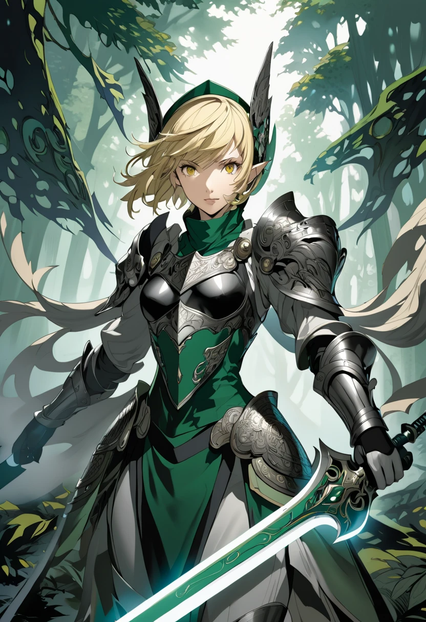 (masterpiece, best quality),Detailed illustration of elf girl, a legendary female knight from 1200s europe, in a highly stylized game character design.elf ear, She stands confidently in an epic pose with a long, flowing middle-short hair(blonde) and traditional knight armor, intricately designed with ornate patterns. Her armor combines elements of traditional knight armor with fantasy elements—her chest plate and shoulder guards are embellished with subtle dragon and wave motifs. She wields a long sword with a vibrant, razor-sharp blade, and a bow is strapped to her back, showing her skill in multiple weapons. Her face is fierce yet beautiful, with a focused and determined expression, while her stance exudes strength and elegance. Behind her, a misty forest landscape fades into the background, with branches and leaves subtly falling around her. The color palette is deep and rich, focusing on dark greens, blacks, and silver accents to give her a bold and heroic appearance.(Character design by shigenori Soejima,Characters that appear in the video game "Persona5"),(pose),