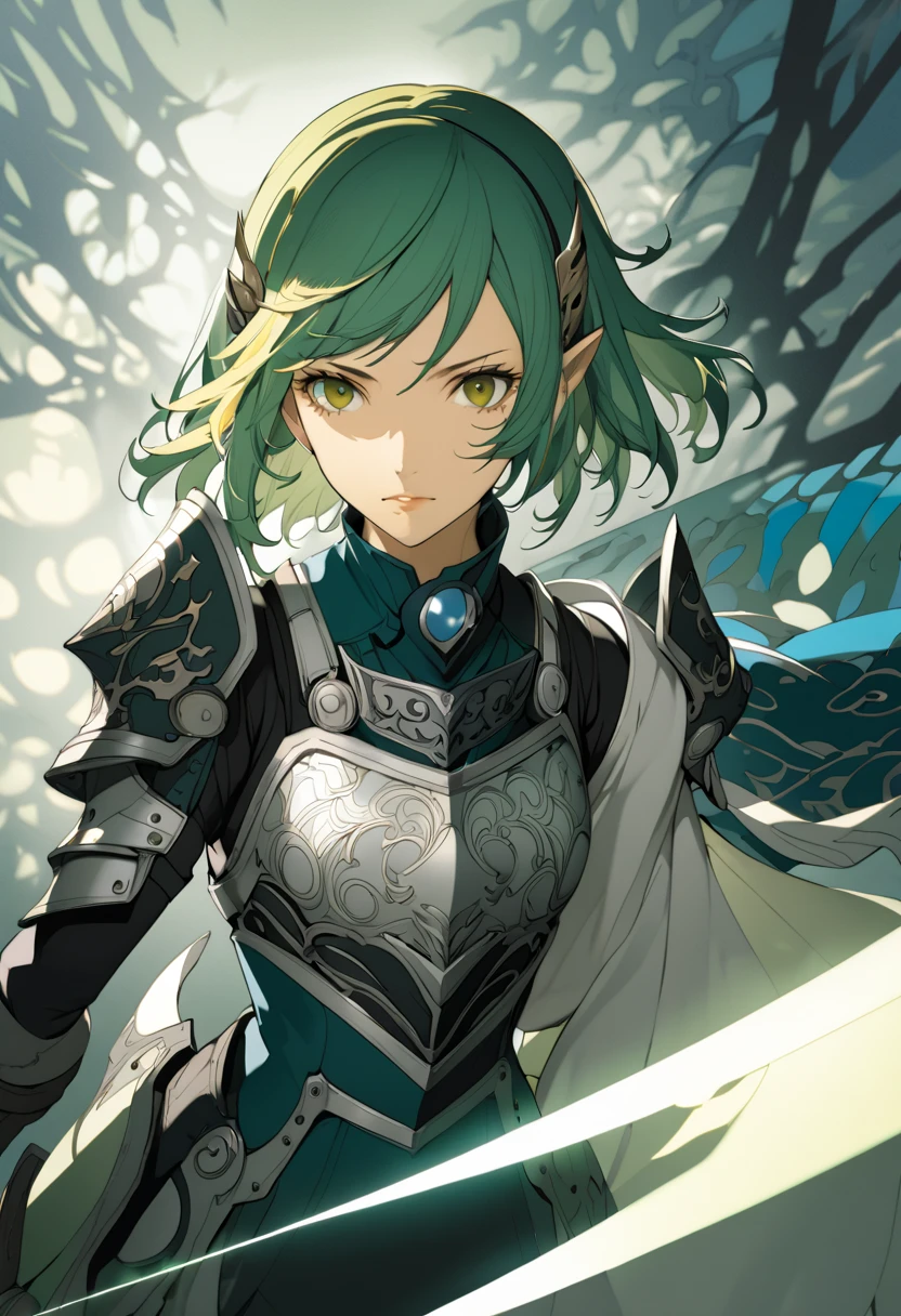 (masterpiece, best quality),Detailed illustration of elf girl, a legendary female knight from 1200s europe, in a highly stylized game character design.elf ear, She stands confidently in an epic pose with a long, flowing middle-short hair(blonde) and traditional knight armor, intricately designed with ornate patterns. Her armor combines elements of traditional knight armor with fantasy elements—her chest plate and shoulder guards are embellished with subtle dragon and wave motifs. She wields a long sword with a vibrant, razor-sharp blade, and a bow is strapped to her back, showing her skill in multiple weapons. Her face is fierce yet beautiful, with a focused and determined expression, while her stance exudes strength and elegance. Behind her, a misty forest landscape fades into the background, with branches and leaves subtly falling around her. The color palette is deep and rich, focusing on dark greens, blacks, and silver accents to give her a bold and heroic appearance.(Character design by shigenori Soejima,Characters that appear in the video game "Persona3"),(pose),