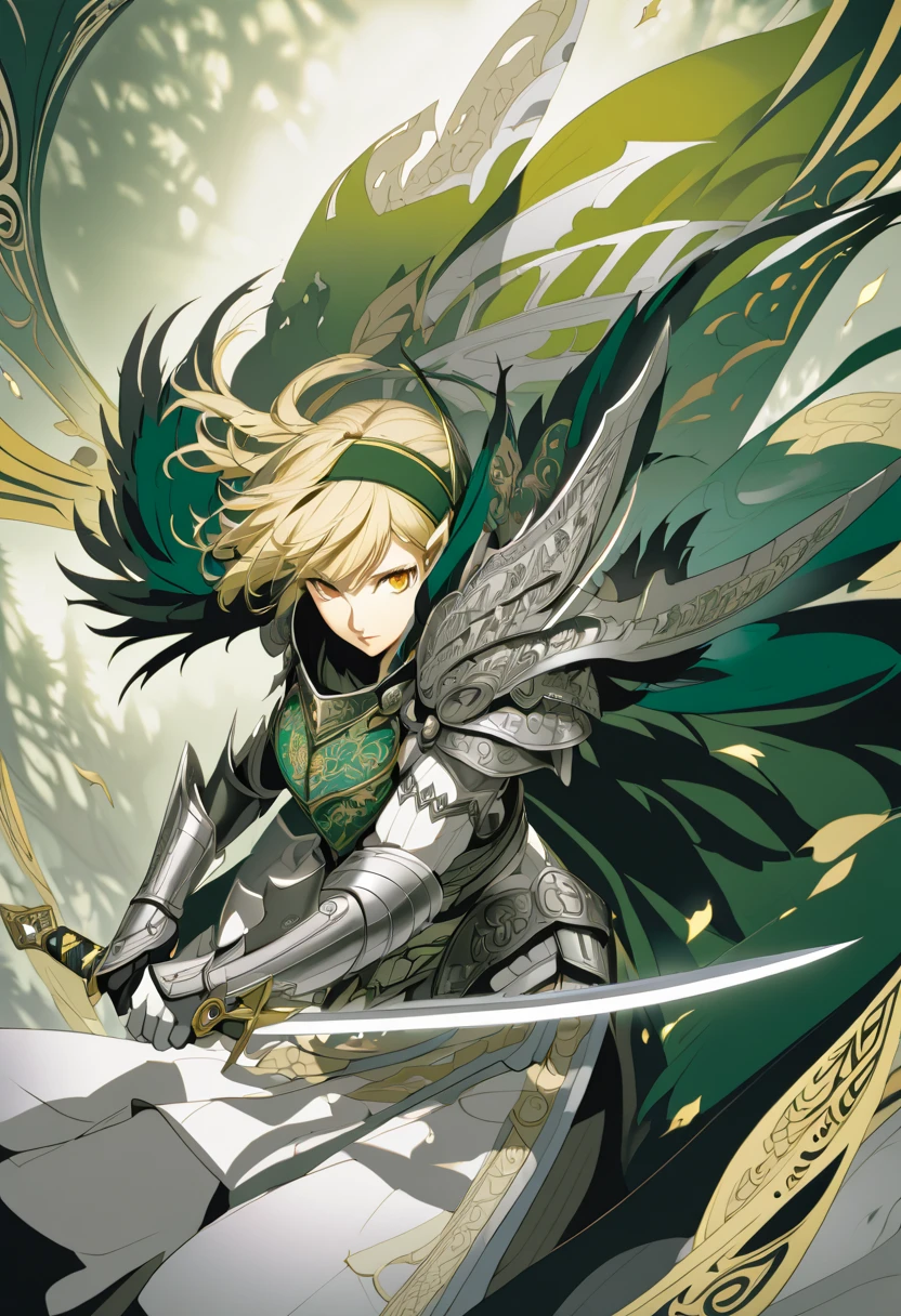 (masterpiece, best quality),Detailed illustration of elf girl, a legendary female knight from 1200s europe, in a highly stylized game character design.elf ear, She stands confidently in an epic pose with a long, flowing middle-short hair(blonde) and traditional knight armor, intricately designed with ornate patterns. Her armor combines elements of traditional knight armor with fantasy elements—her chest plate and shoulder guards are embellished with subtle dragon and wave motifs. She wields a long sword with a vibrant, razor-sharp blade, and a bow is strapped to her back, showing her skill in multiple weapons. Her face is fierce yet beautiful, with a focused and determined expression, while her stance exudes strength and elegance. Behind her, a misty forest landscape fades into the background, with branches and leaves subtly falling around her. The color palette is deep and rich, focusing on dark greens, blacks, and silver accents to give her a bold and heroic appearance.(Character design by shigenori Soejima,Characters that appear in the video game "Persona4"),(dynamic pose),