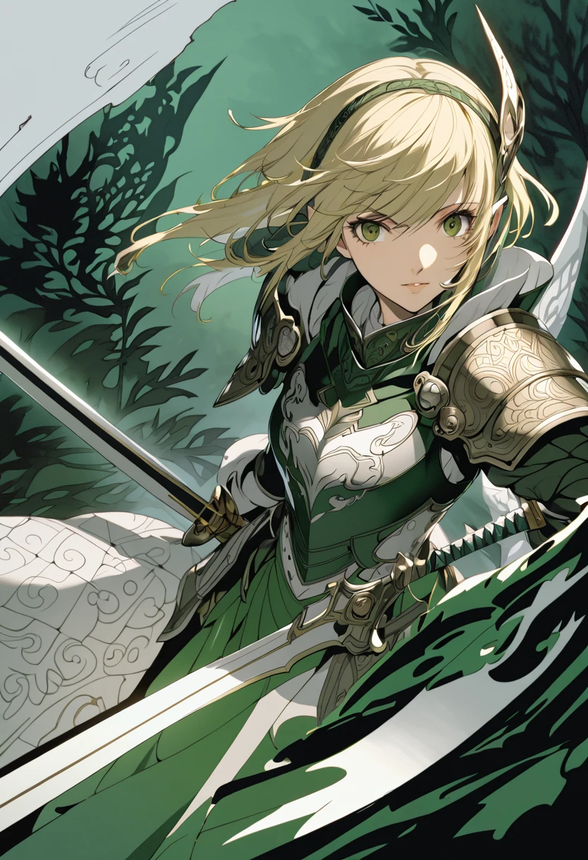 (masterpiece, best quality),Detailed illustration of elf girl, a legendary female knight from 1200s europe, in a highly stylized game character design.elf ear, She stands confidently in an epic pose with a long, flowing middle-short hair(blonde) and traditional knight armor, intricately designed with ornate patterns. Her armor combines elements of traditional knight armor with fantasy elements—her chest plate and shoulder guards are embellished with subtle dragon and wave motifs. She wields a long sword with a vibrant, razor-sharp blade, and a bow is strapped to her back, showing her skill in multiple weapons. Her face is fierce yet beautiful, with a focused and determined expression, while her stance exudes strength and elegance. Behind her, a misty forest landscape fades into the background, with branches and leaves subtly falling around her. The color palette is deep and rich, focusing on dark greens, blacks, and silver accents to give her a bold and heroic appearance.(Character design by shigenori Soejima,Characters that appear in the video game "Persona5"),(dynamic angle),